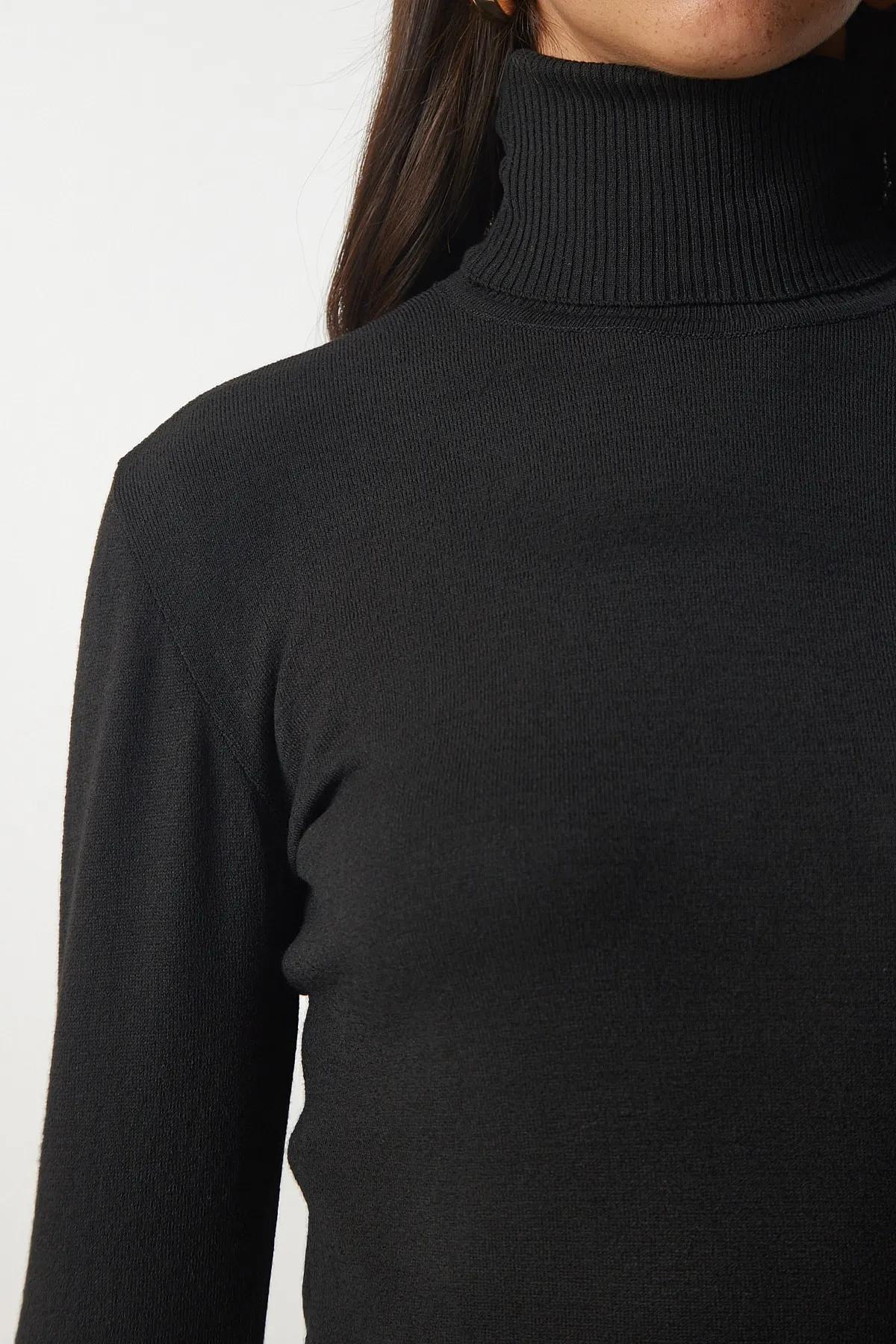 Happiness İstanbul  Schwarzer Rollkragenpullover aus Rippstrick für Damen bv00087