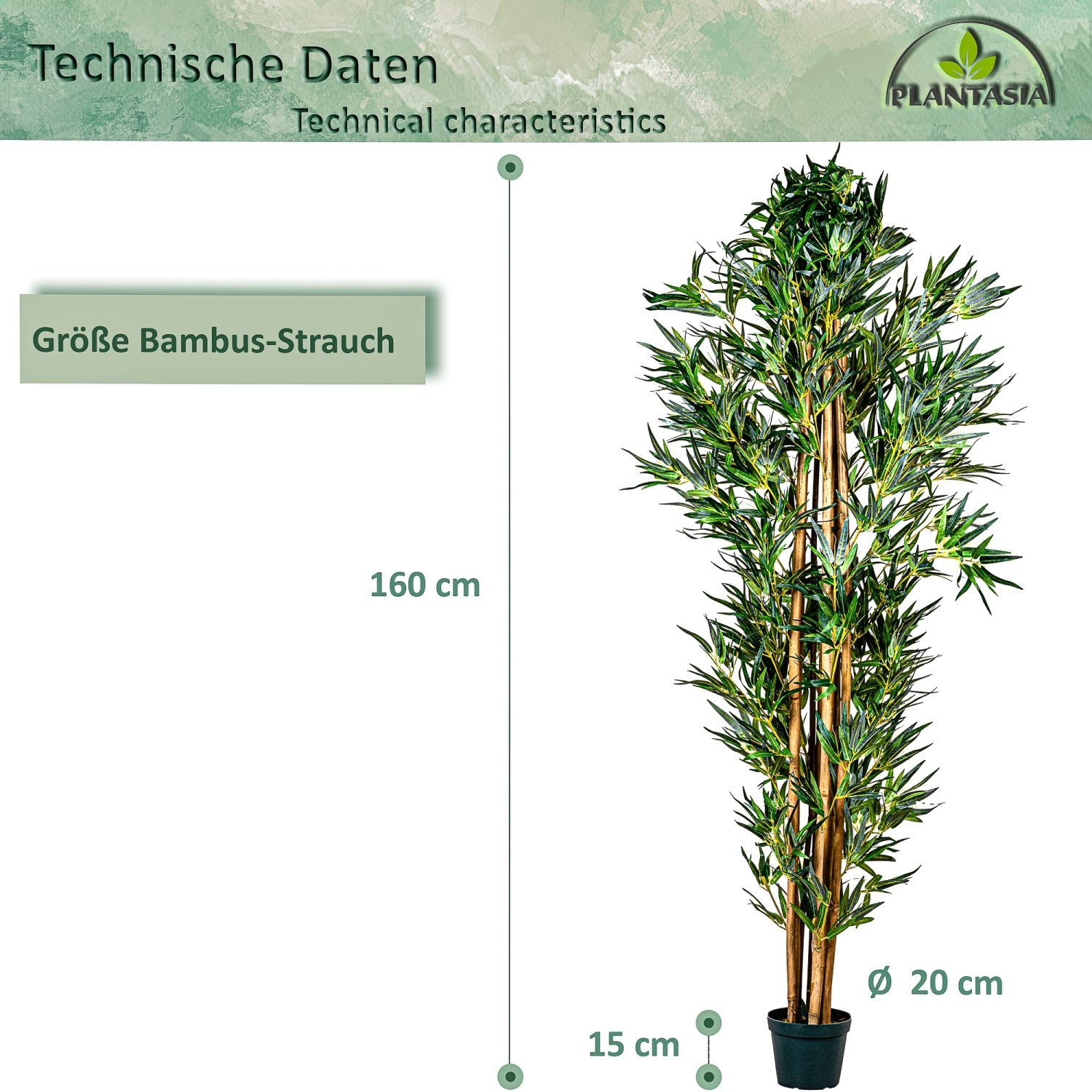 Kunstbaum Künstlicher Bambus Strauch Kunstbambus Deko Bambus Bambus, PLANTASIA, Höhe 160,00 cm, Echtholzstamm, Größenwahl von 160cm - 220 cm