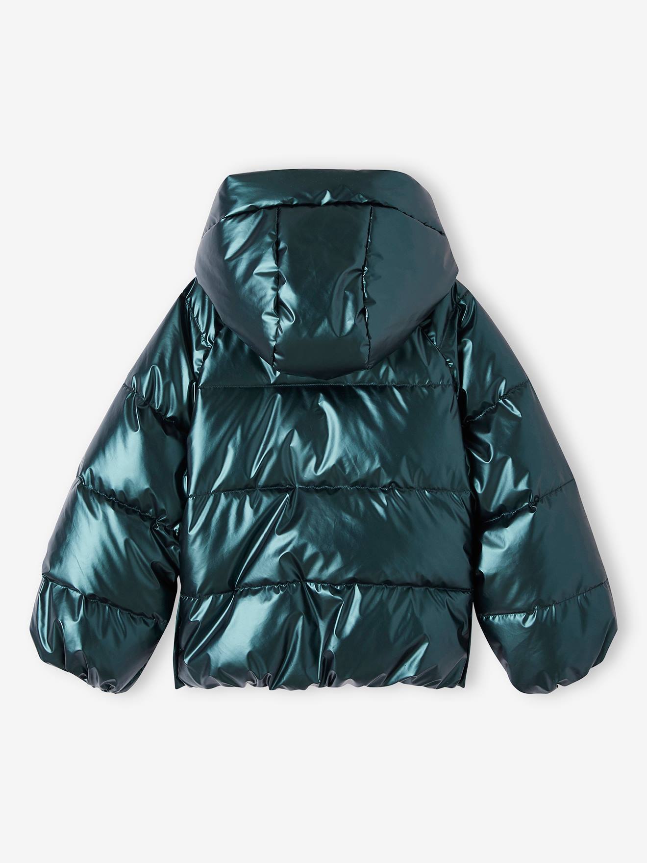 Doudoune à capuche effet nacré fille doublée maille polaire vert sapin