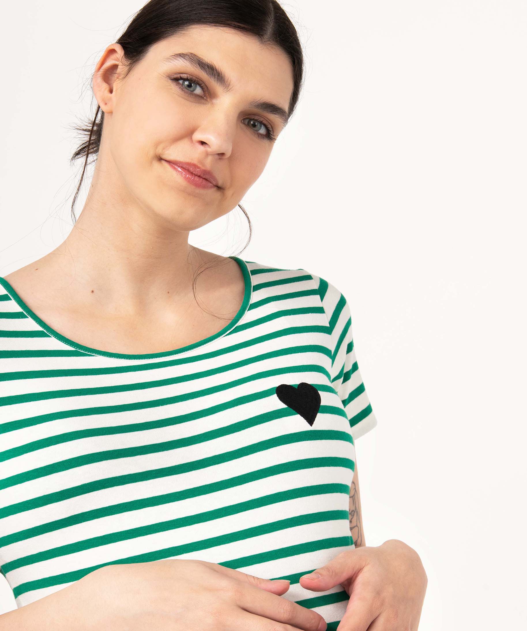 Tee-shirt de grossesse rayé à manches courtes vert | GEMO