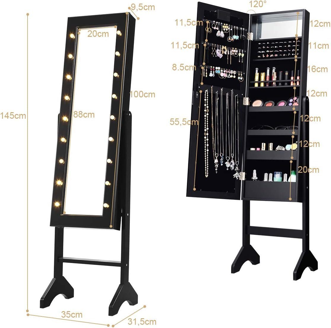 KOMFOTTEU Schmuckschrank mit 2 Spiegel stehend, mit LED, schwarz
