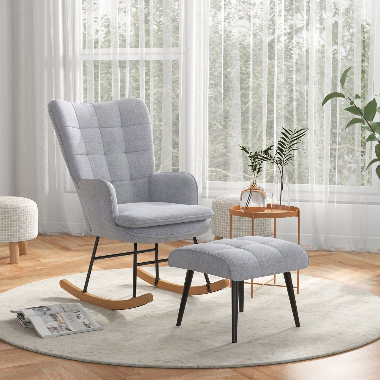 HOMCOM Schaukelstuhl Schwingsessel mit Hocker Relaxsessel mit Leinenoptik