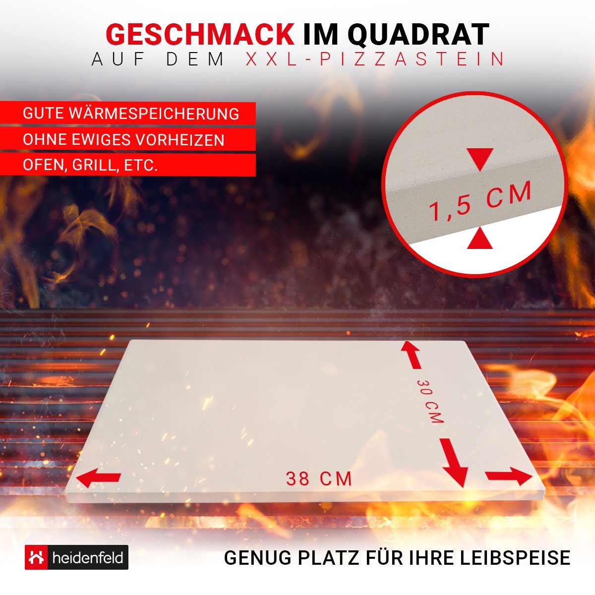Heidenfeld Pizzastein für Backofen 38 x 30 x 1,5 cm - Deutsche Qualitätsmarke, Cordierit, (rechteckig, 1-St., rechteckig Pizzastein für Grill), Cordierit - Gasgrill - Steinplatte