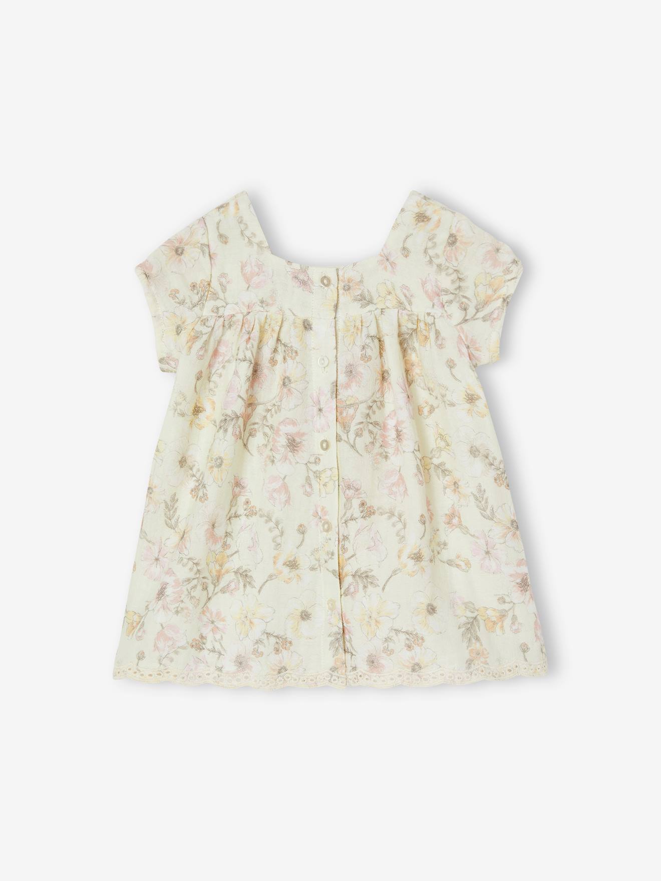 Robe fleurie bébé manches courtes écru