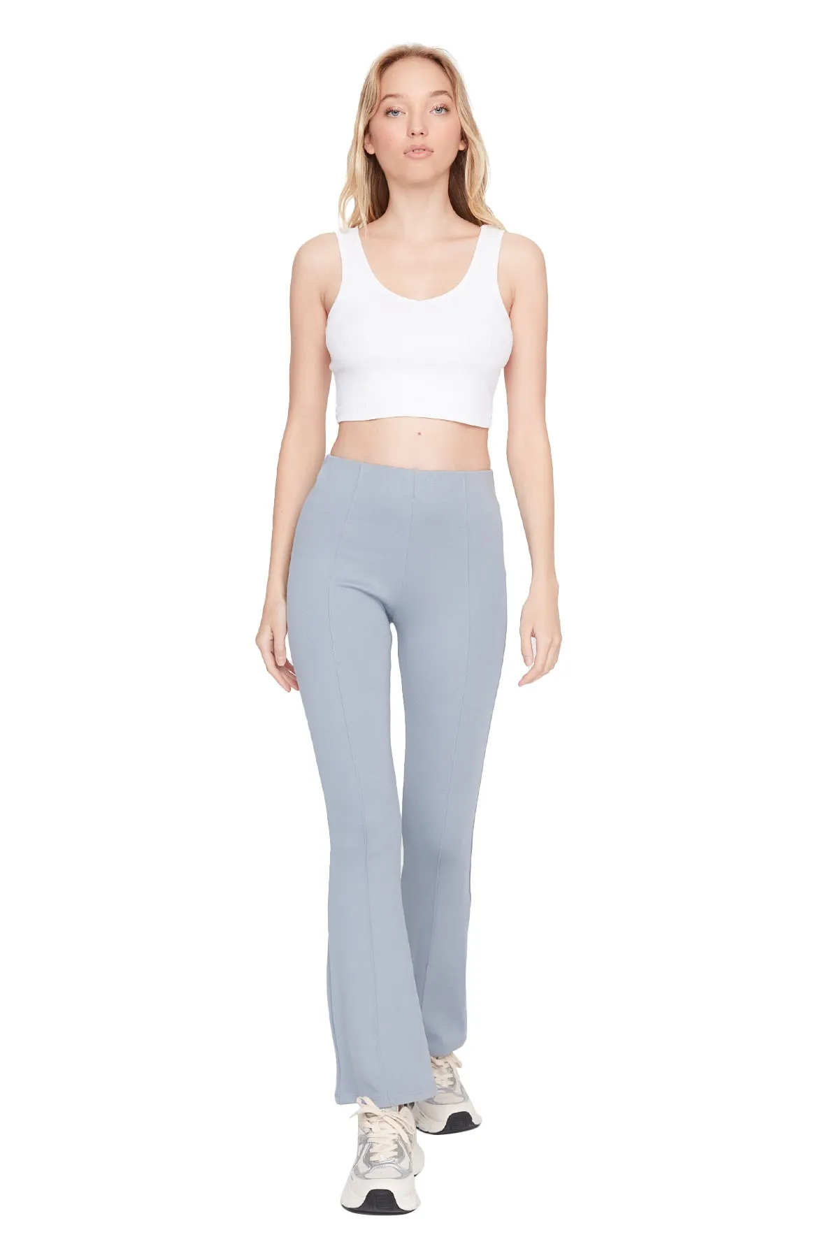 Trendyol Collection  Graue, gerippte, ausgestellte, elastische Hose mit spanischem Bein und hoher Taille, Strickhose TWOSS20PL0342