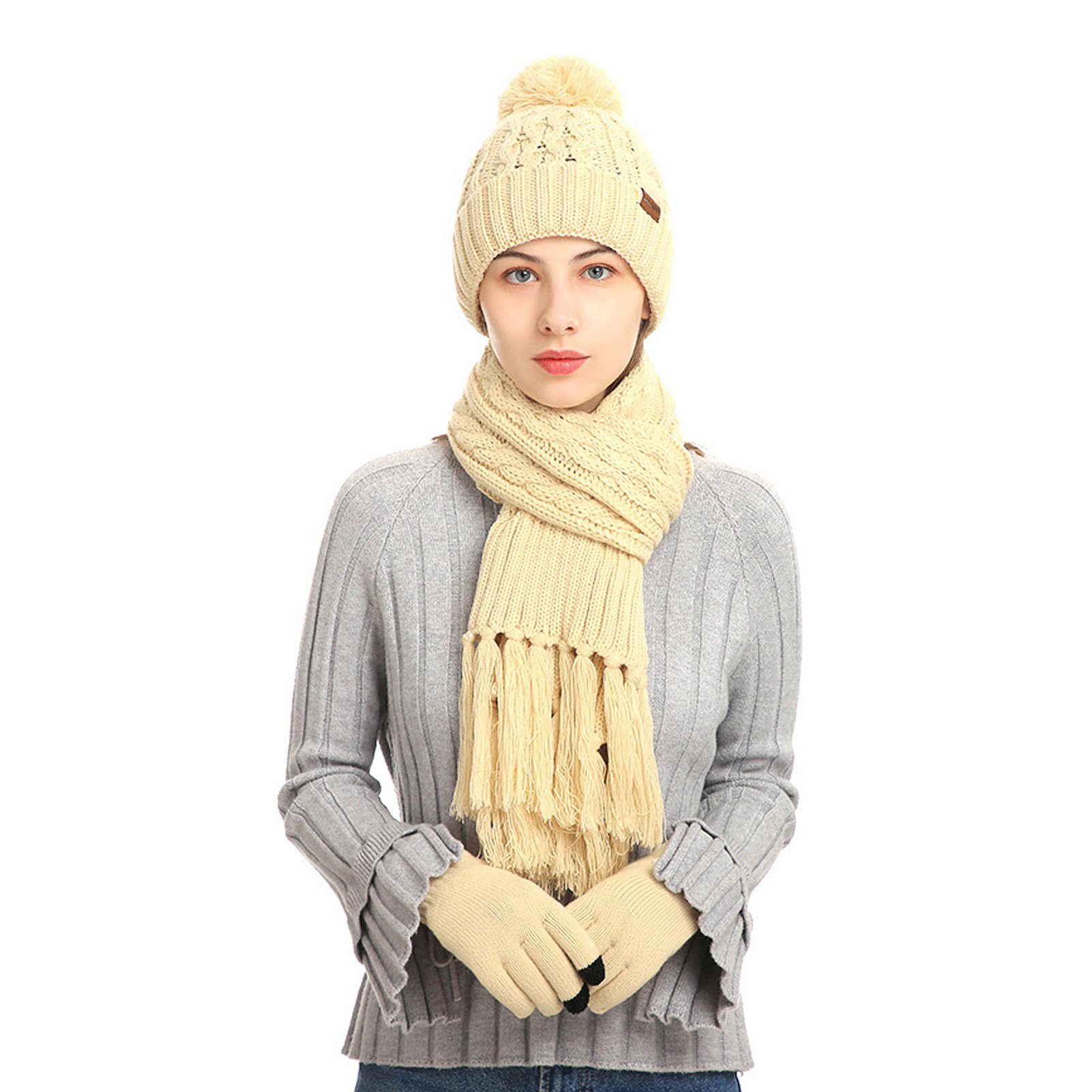 Rutaqian Schlupfmütze Wintermütze Schal Touchscreen Handschuhe Set (Ski 3-in-1 Winter-Set, Fleecefutter Warme Knit Hut Loop Schal Rutschfeste Handschuhe) Unisex Beanie Strickmütze Winterschal Thermo Handschuhe