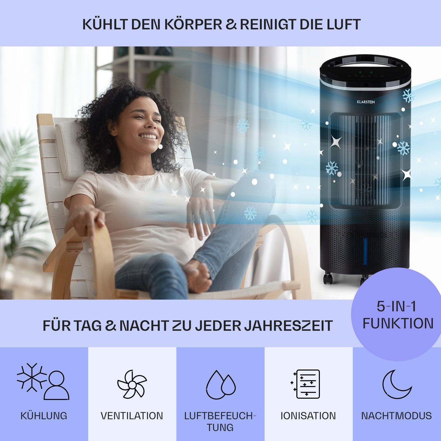 Klarstein Ventilatorkombigerät IceWind Plus 4-in-1 Luftkühler, mit Wasserkühlung & Eis mobil Luftkühler ohne Abluftschlauch