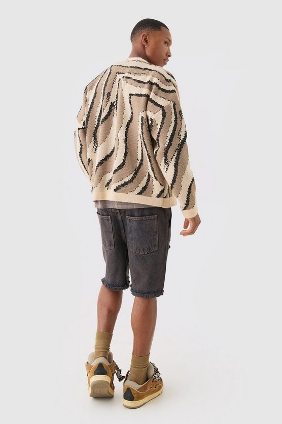 Kastiger Oversize Jacquard-Cardigan mit abstraktem Print