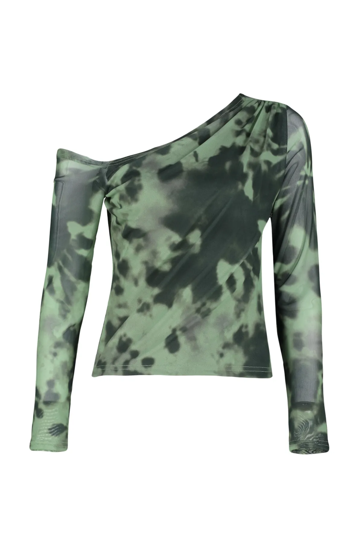 Trendyol Collection  Grün gemusterte, mit Tüll gefütterte Strickbluse mit asymmetrischem Kragen TWOAW24BZ00051