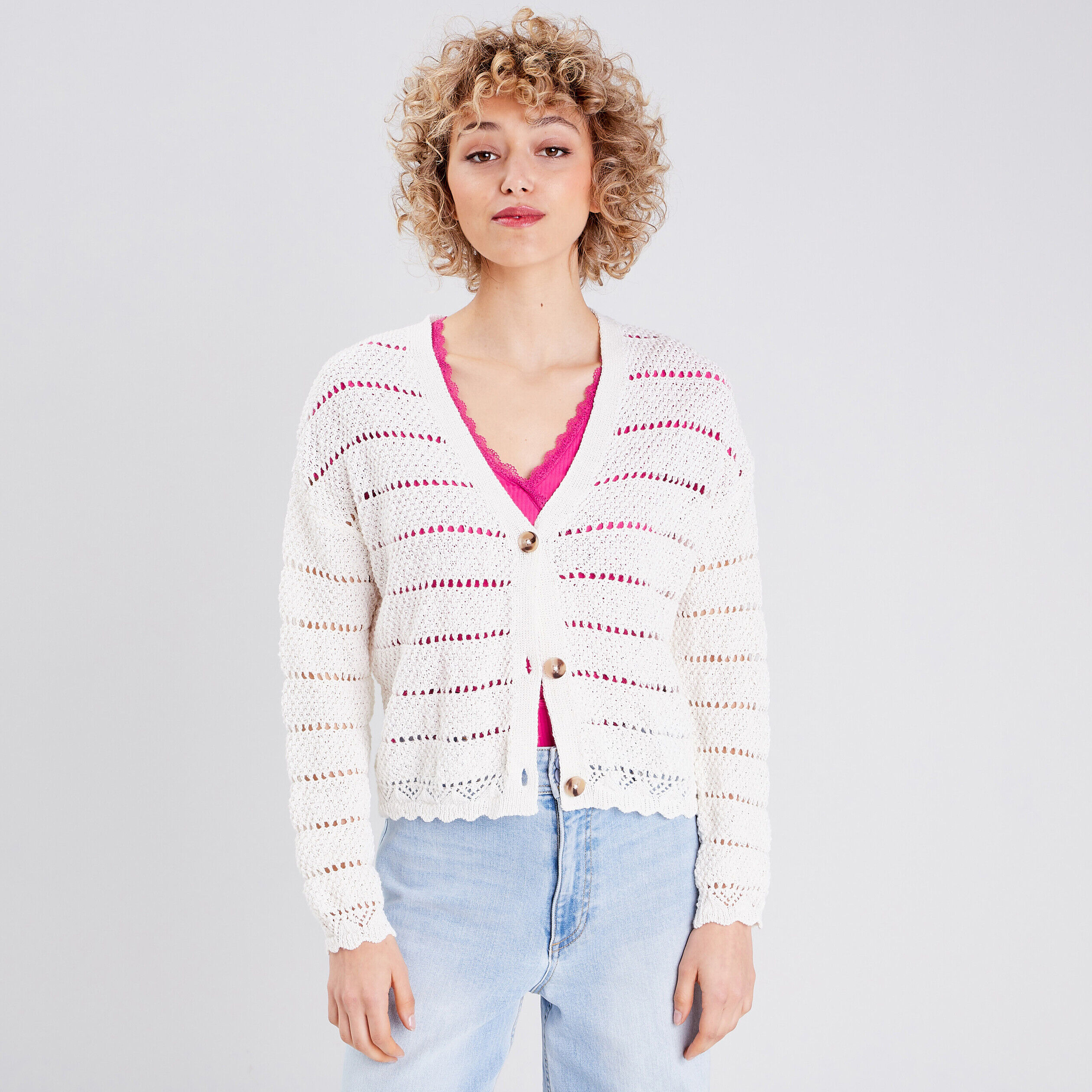 Gilet boutonné aspect crochet ecru femme | Cache Cache