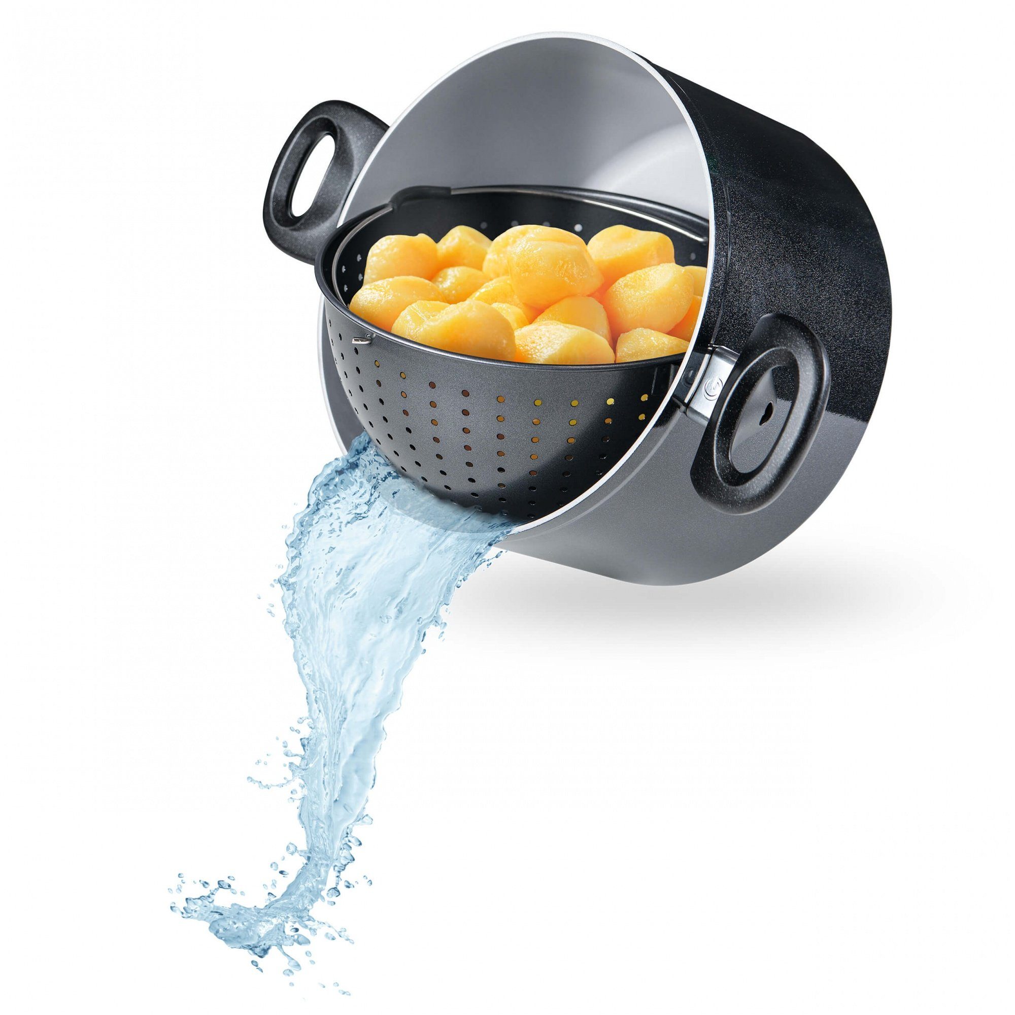 Genius Kochtopf Cerafit Magic Pot, Aluminium, Keramik, Edelstahl 18/10 (Set, 1 Kochtopf 1 Deckel 1 Siebeinsatz), Antihaft-Beschichtung, für alle Herdarten, induktionsgeeignet, spülmaschinengeeignet, Siebeinsatz