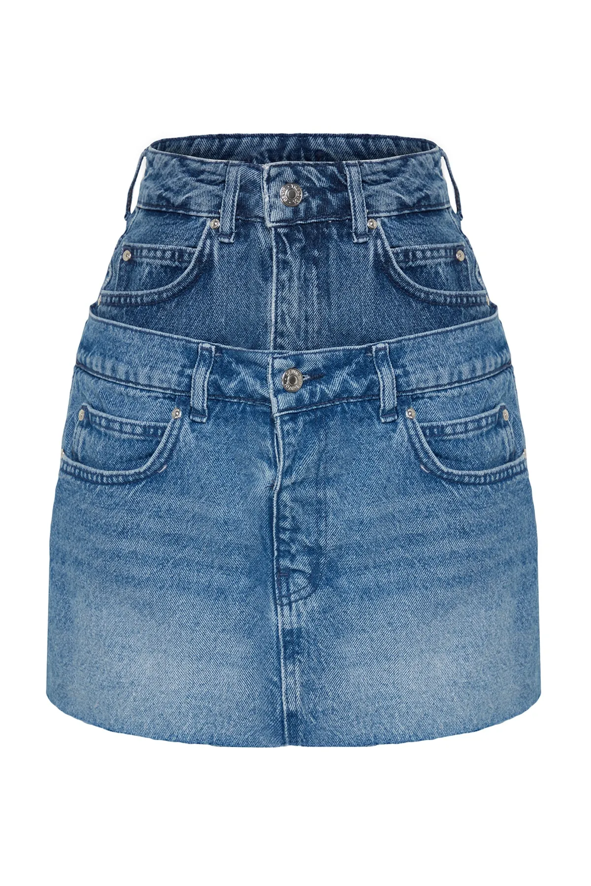 Trendyol Collection  Blauer Mini-Jeansrock mit hoher Taille und Blockfarbendetail TWOAW24ET00056