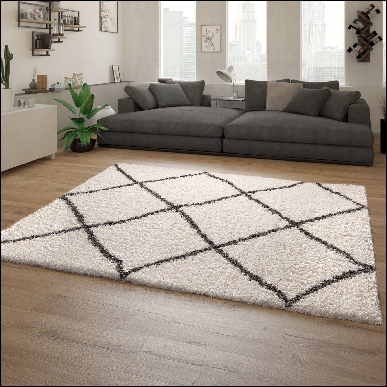 Hochflor-Teppich Maghreb 79, Paco Home, rechteckig, Höhe: 44 mm, Rauten Muster, Scandi Design, weich und flauschig