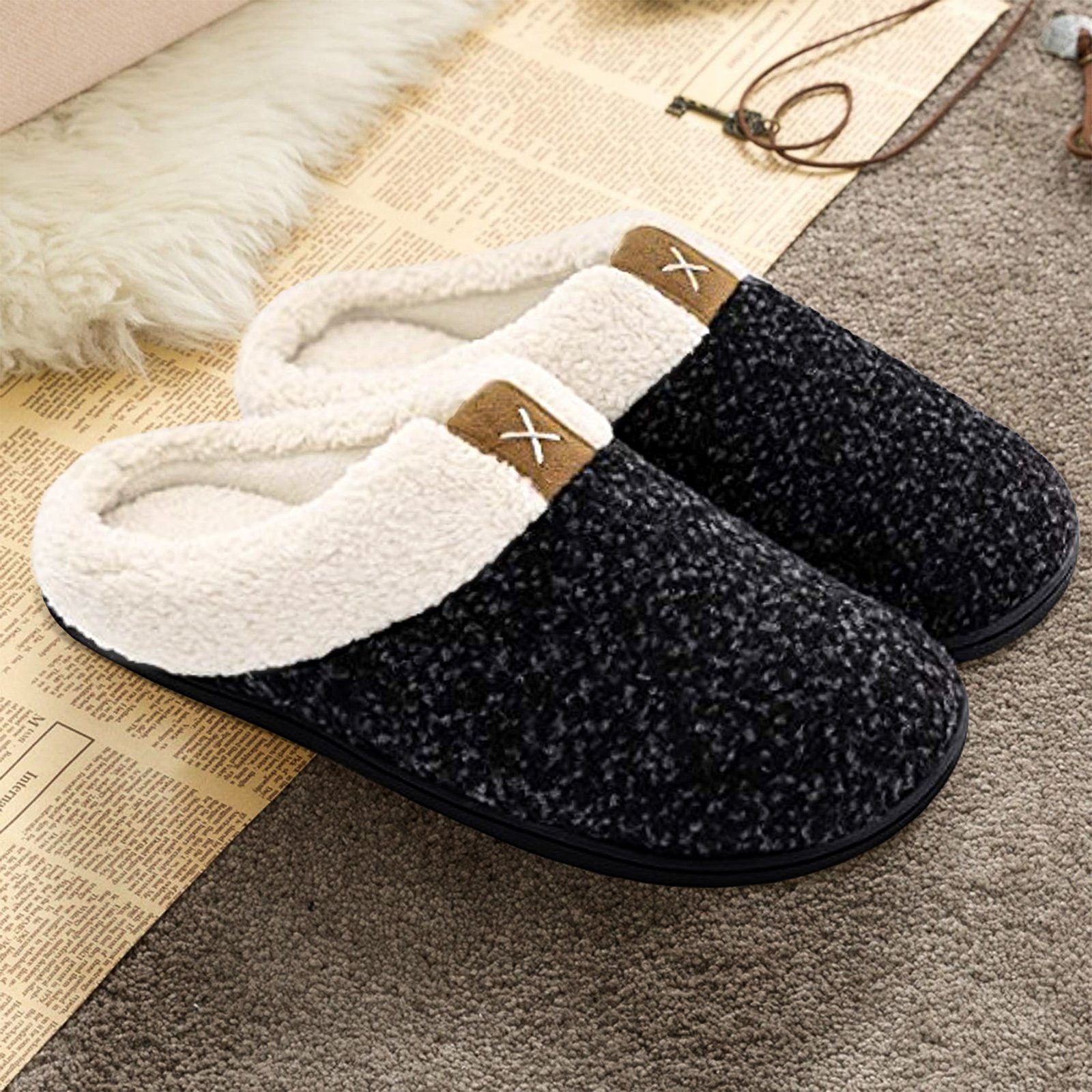 CALIYO Hausschuhe Damen warme Plüsch Slippers, weiche und bequeme Pantoffeln Hausschuh Plush Fleece Lined House Shoes w/Indoor, Outdoor Anti-Skid Rubber Sole