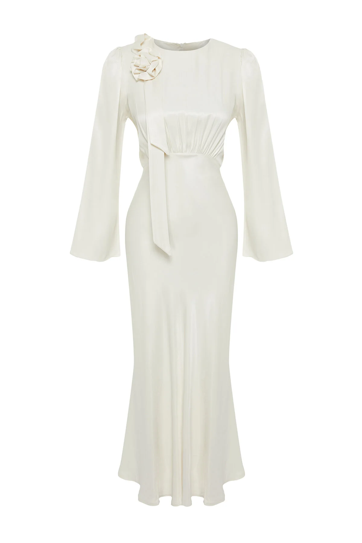 Trendyol Modest  Cremefarbenes Rose-detailliertes Hochzeits-/besonderes Anlass-Abendkleid aus gewebtem Satin TCTSS24DB00043