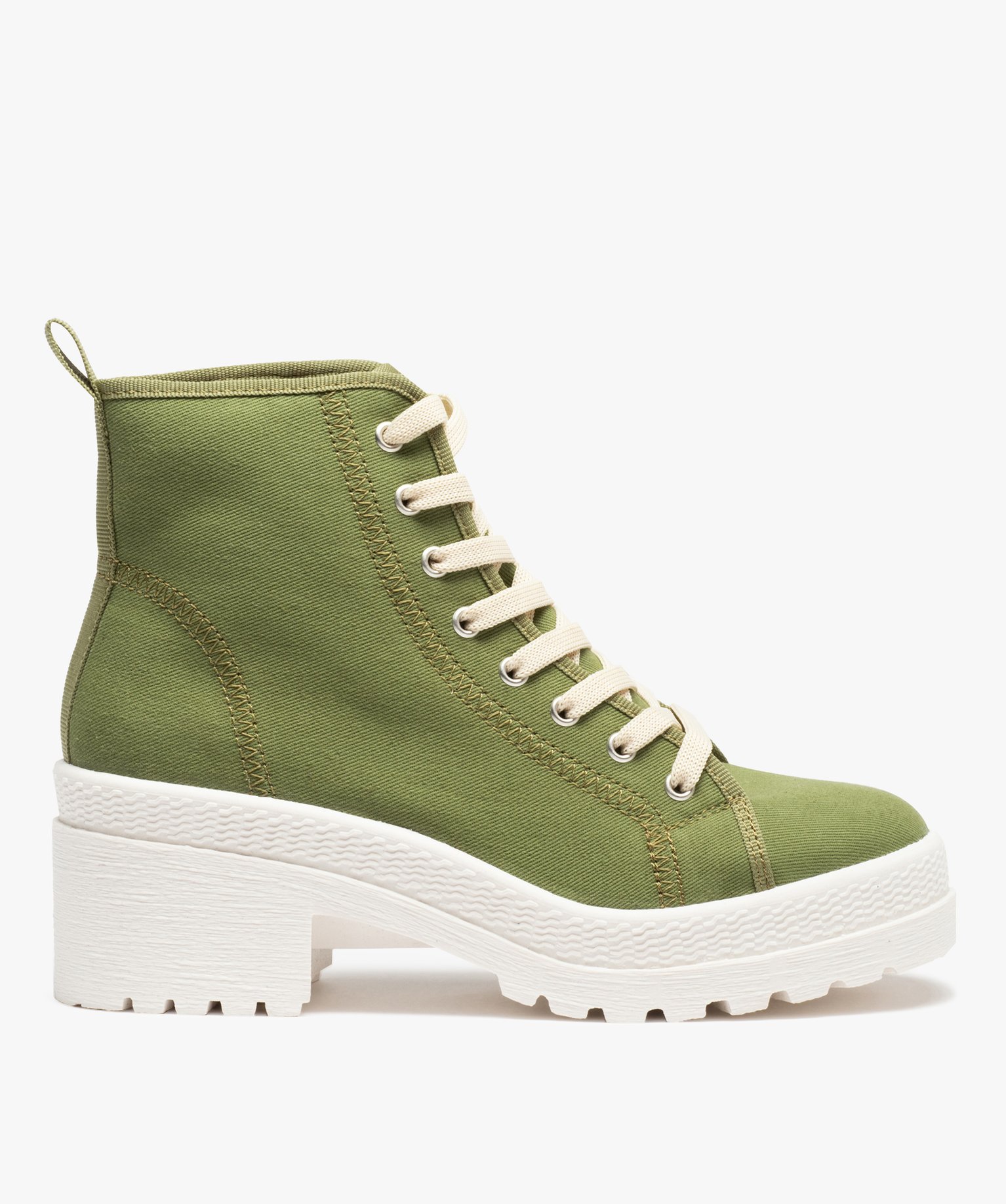 Tennis femme mid-cut en toile unie à talon et semelle crantée kaki | GEMO