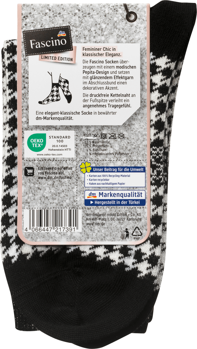 Socken im Pepita-Design, schwarz & weiß, Gr. 39-42, 1 St