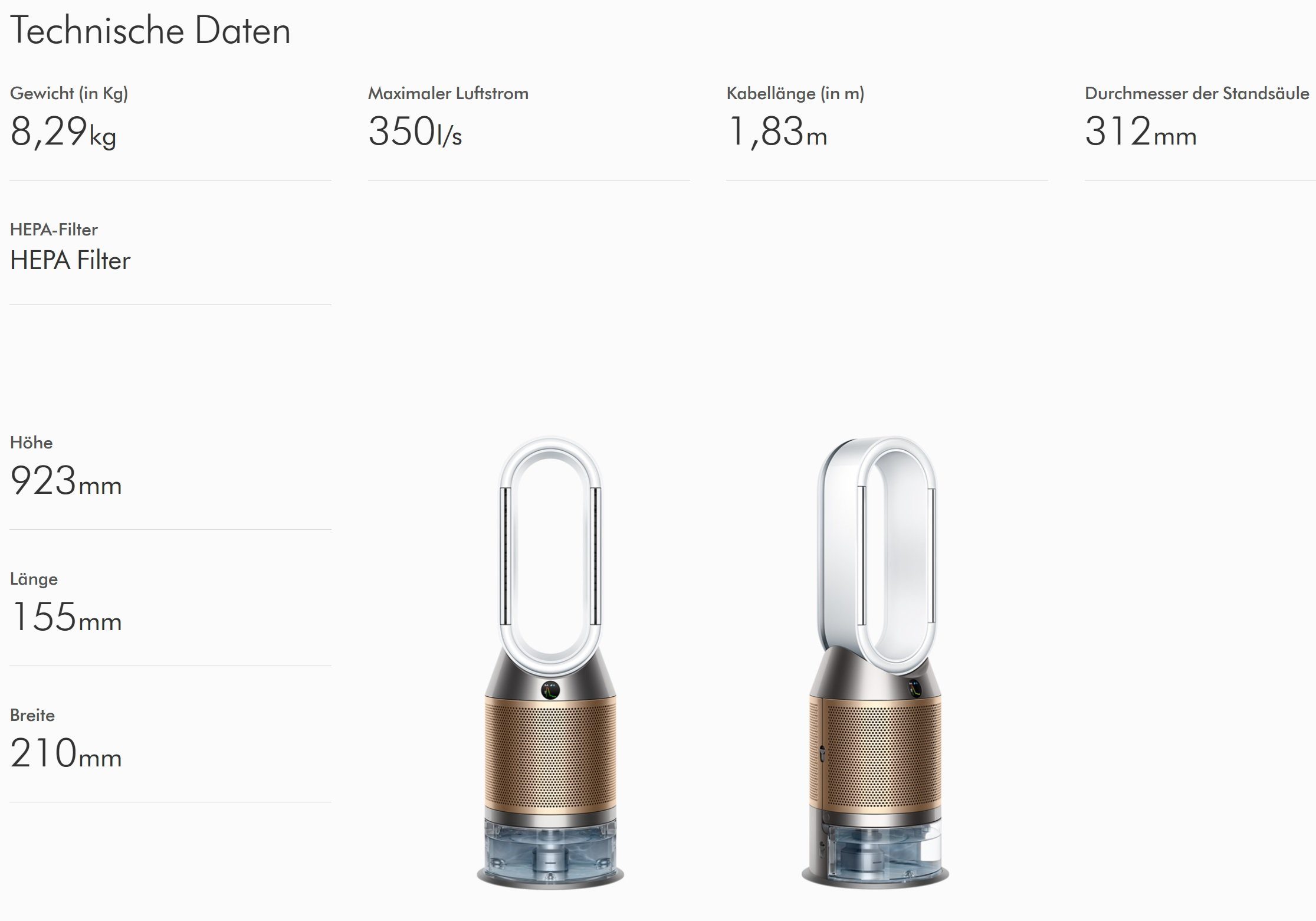 DYSON Kombigerät Luftbefeuchter und -reiniger PH04 Purify Humidify+Cool 3in1 Ventilator Luftreiniger Luftbefeuchter, für 50 m² Räume, leise Schlafzimmer geeignet Allergiker Raucherzimmer Luftfilter 99,5%