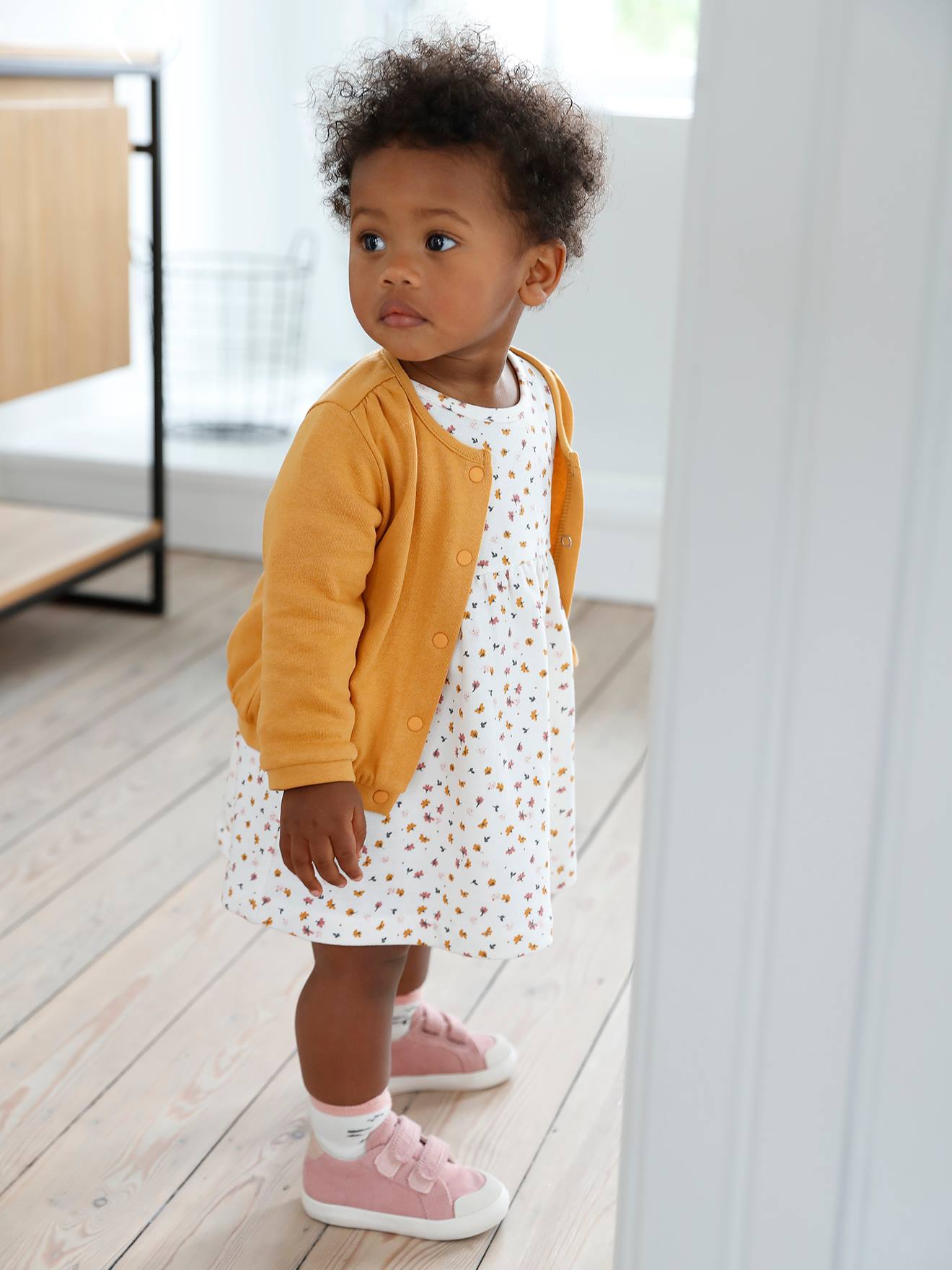 Ensemble 3 pièce robe + cardigan + bandeau bébé fille ivoire imprimé