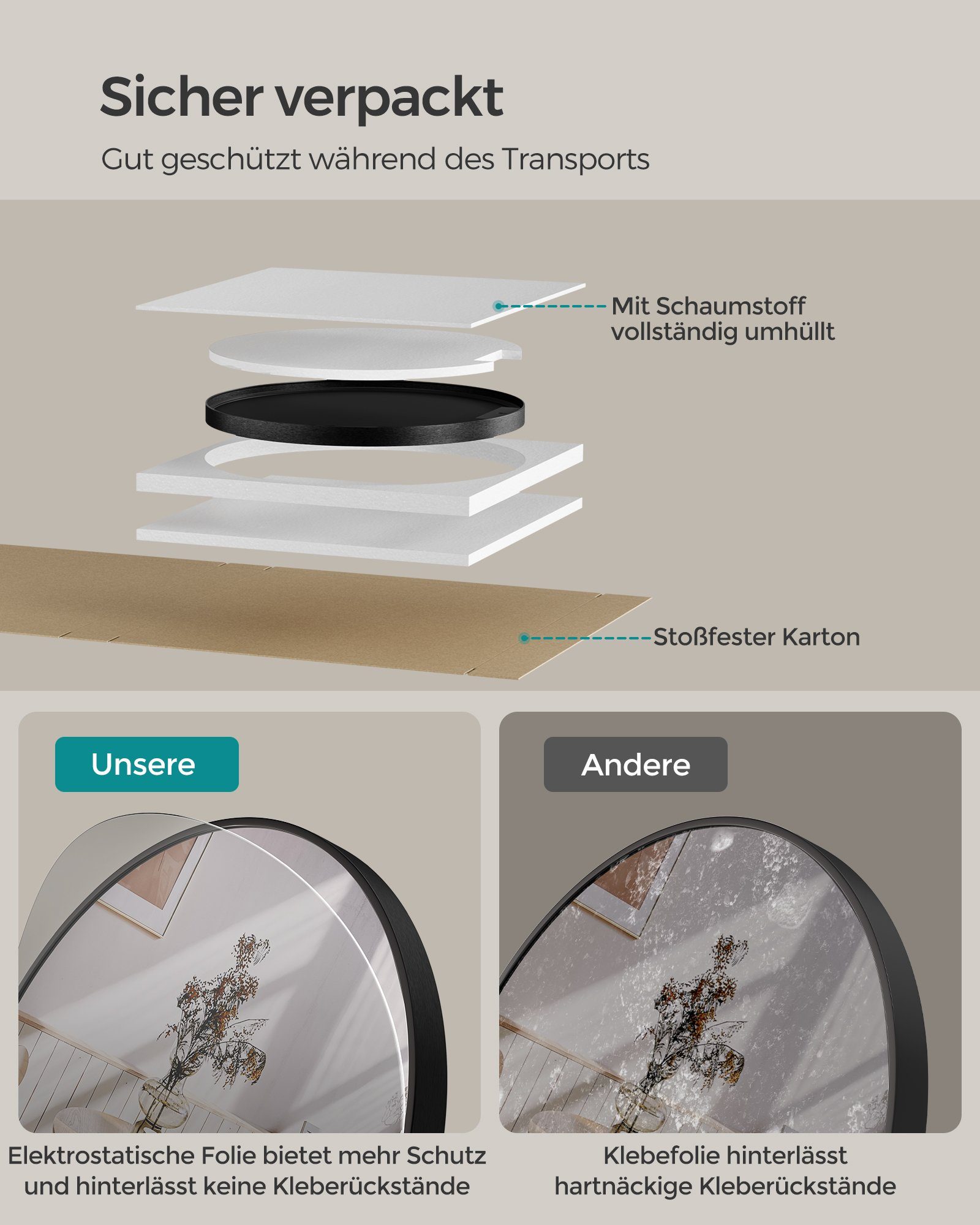 SONGMICS Wandspiegel, Spiegel rund, Badezimmerspiegel, 40/50/61/76 cm, Metallrahmen