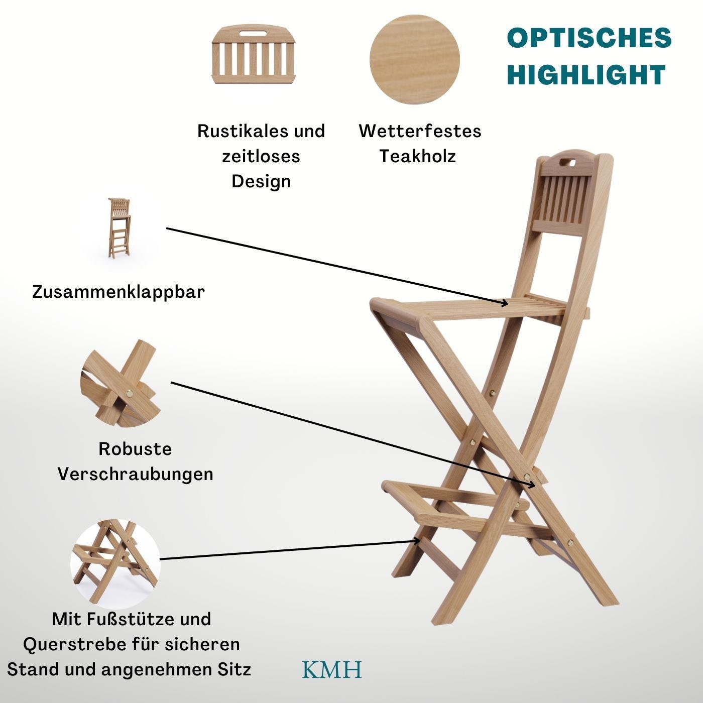 KMH Gartenstuhl TEAK Barhocker (klappbar) (102086)