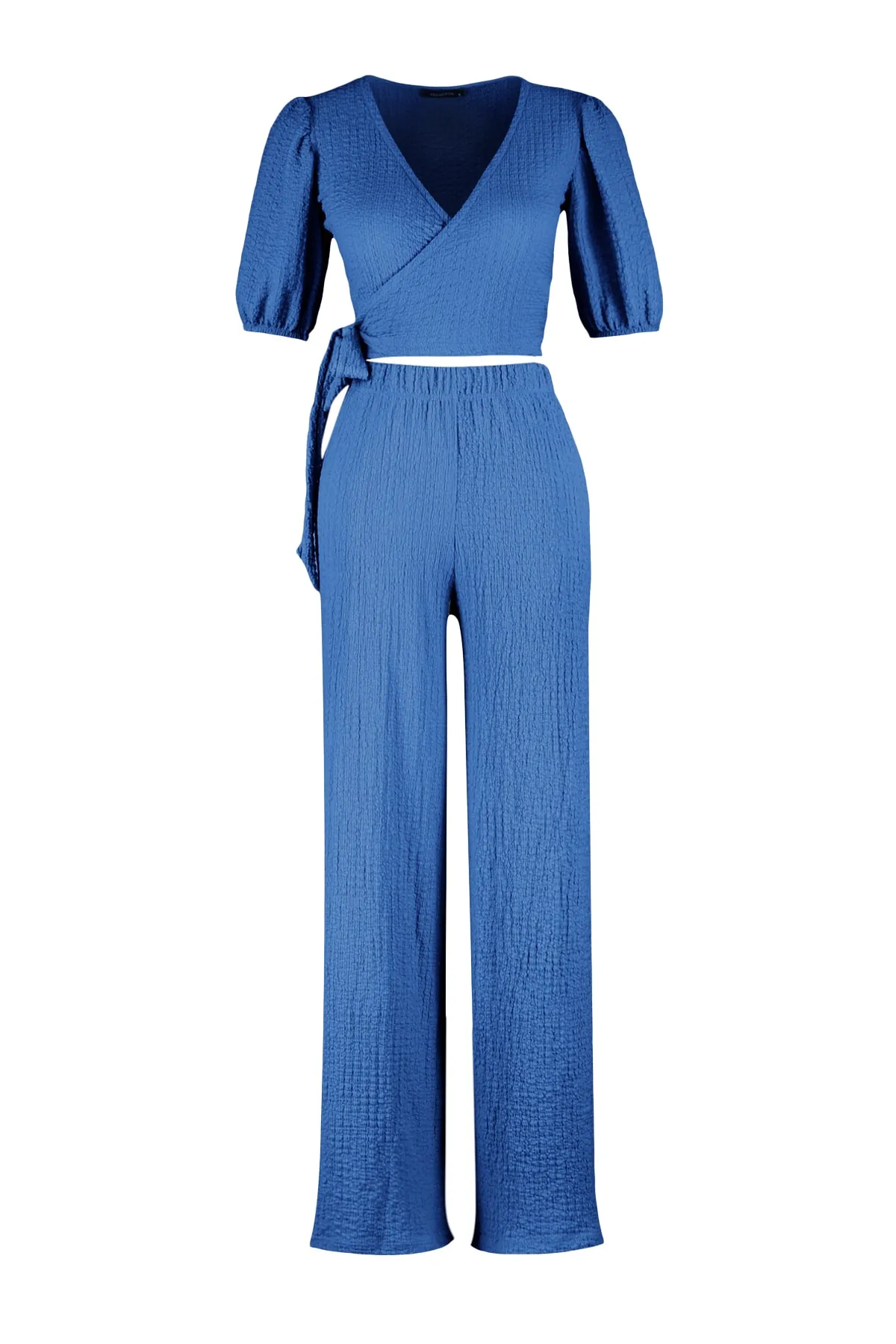 Trendyol Collection  Indigoblaues Set aus Oberteil und Unterteil mit zweireihigem Kragen und Ballonärmeln aus strukturiertem Stoff TWOSS23AU00068