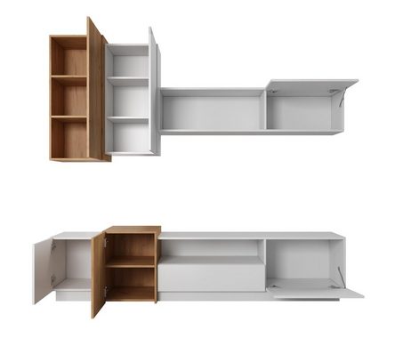 Furnix Wohnwand GLANCI Mediawand Möbel-Set 4-teilig weiß, (Komplett-Set, besteht aus TV Schrank, Wandregal, 2 Hängeschränken und einer Kommode), pflegeleicht, Gesamt: B330 x H133,5 x T45 cm