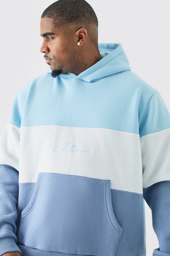 Plus hellblauer Colorblock Man Trainingsanzug mit Kapuze