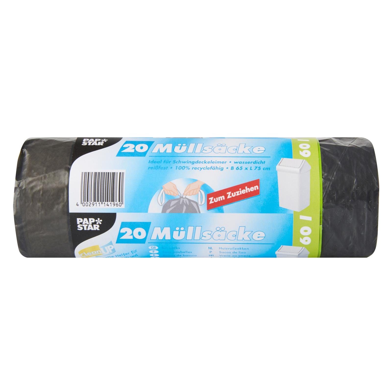 PAPSTAR Müllbeutel 20 Müllsäcke mit Zugband, LDPE 60 l 75 cm x 65 cm grau