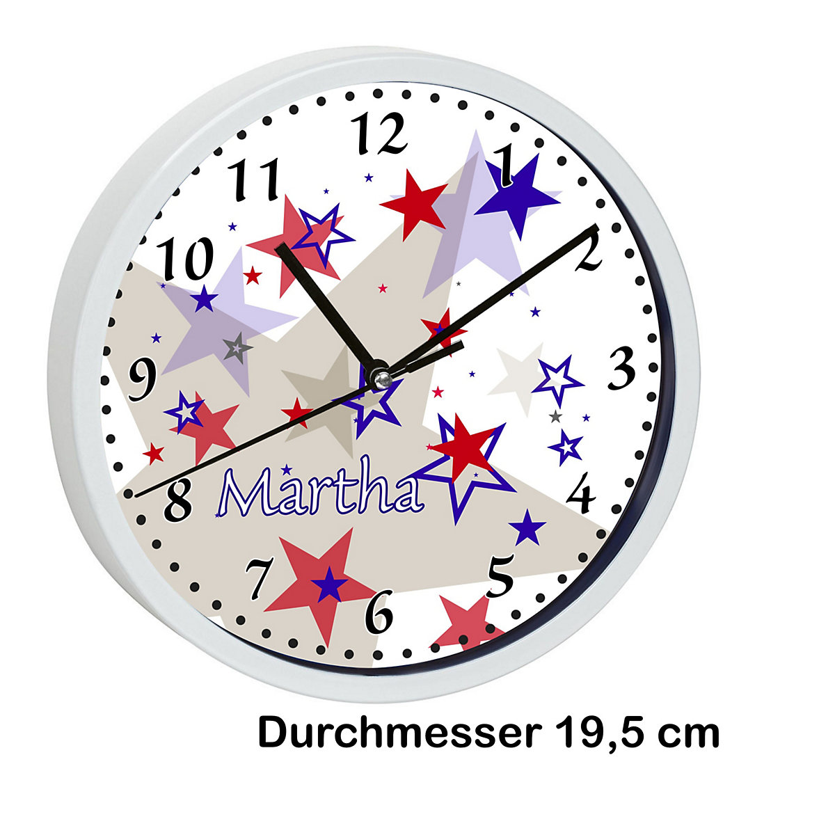 Kinder Wanduhr laufruhig personalisiert mit Name Sternenhimmel Rot Blau Grau