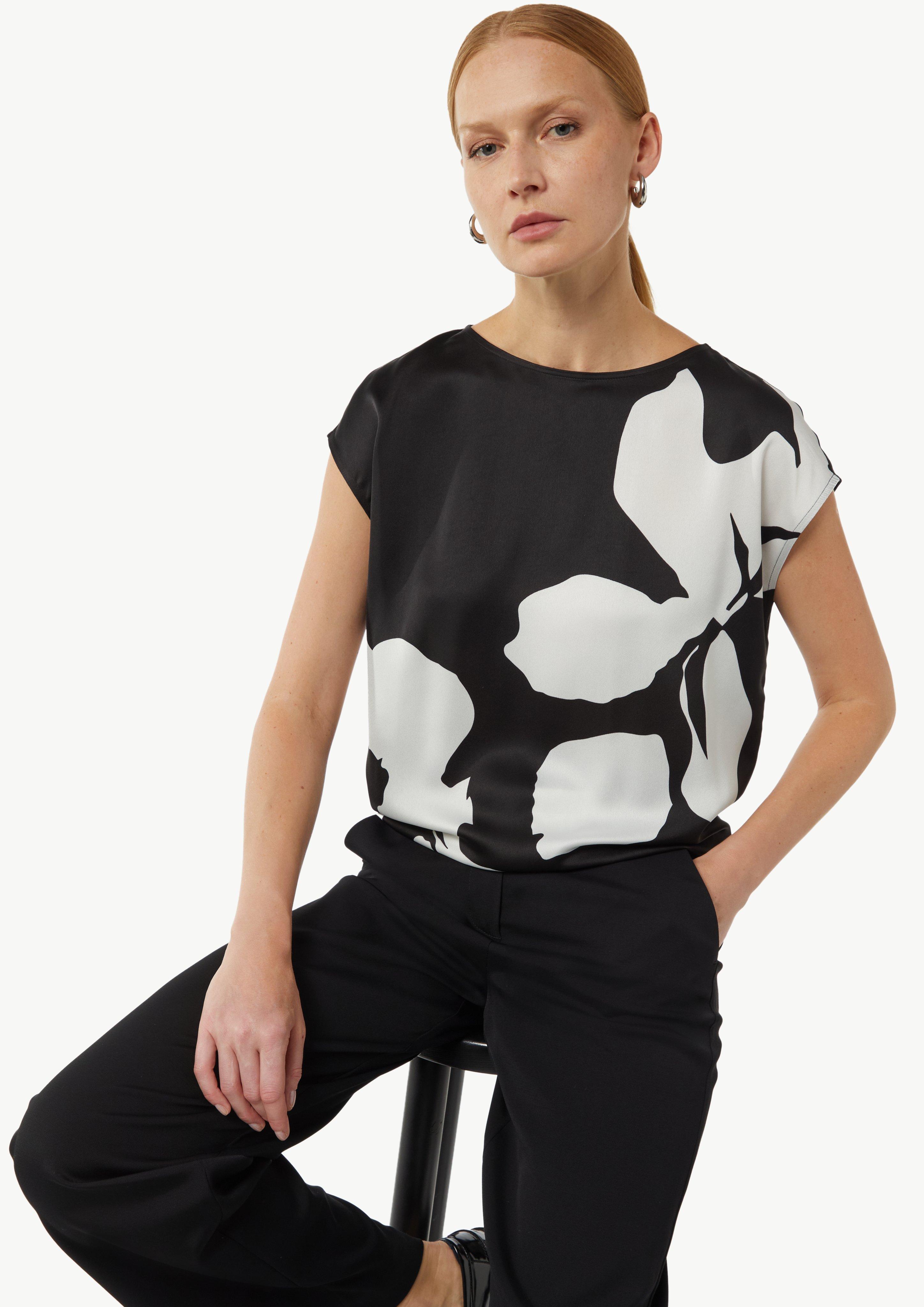 Blusenshirt im Fabricmix mit Elastiksaum - schwarz