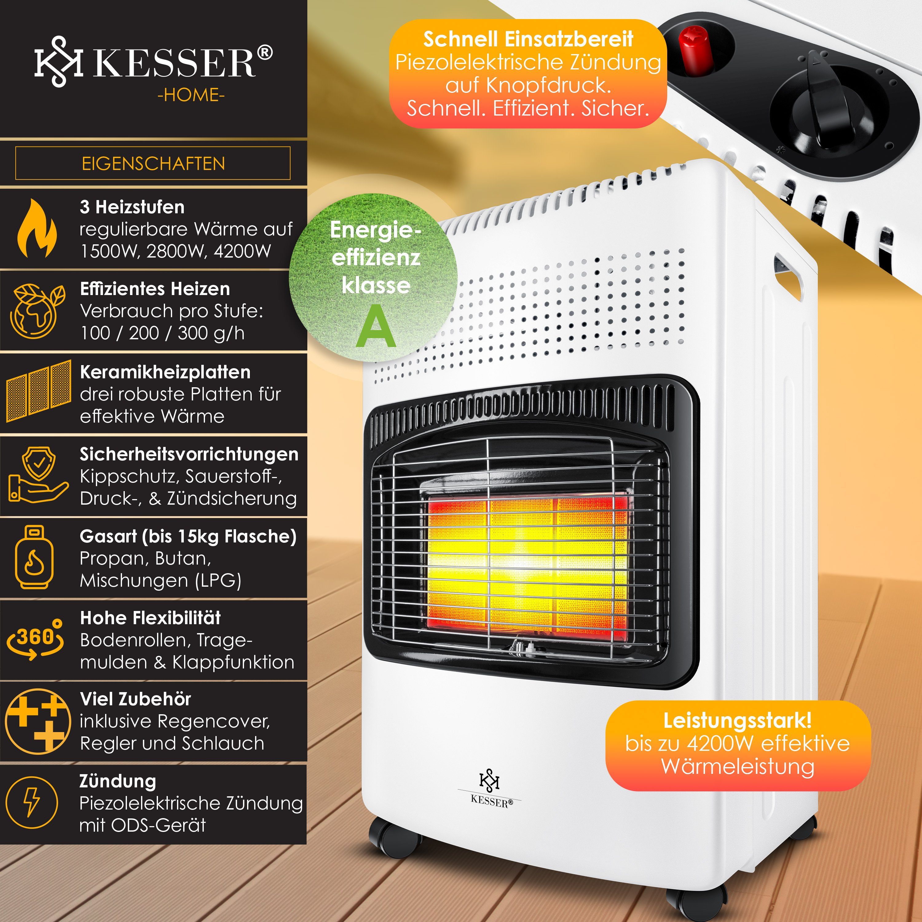 KESSER Wärmewelle, 4200 W, 4200W Keramik Gasheizer Heizstrahler inkl. Gasdruckregler Gasschlauch