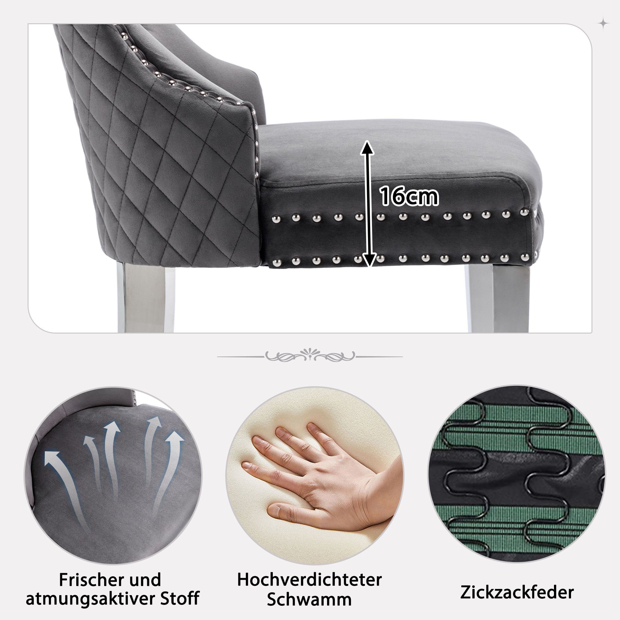 Flieks Esszimmerstuhl (2 St), 2er Set Polsterstuhl Wohnzimmerstuhl Küchenstühle, Beine aus Edelstahl