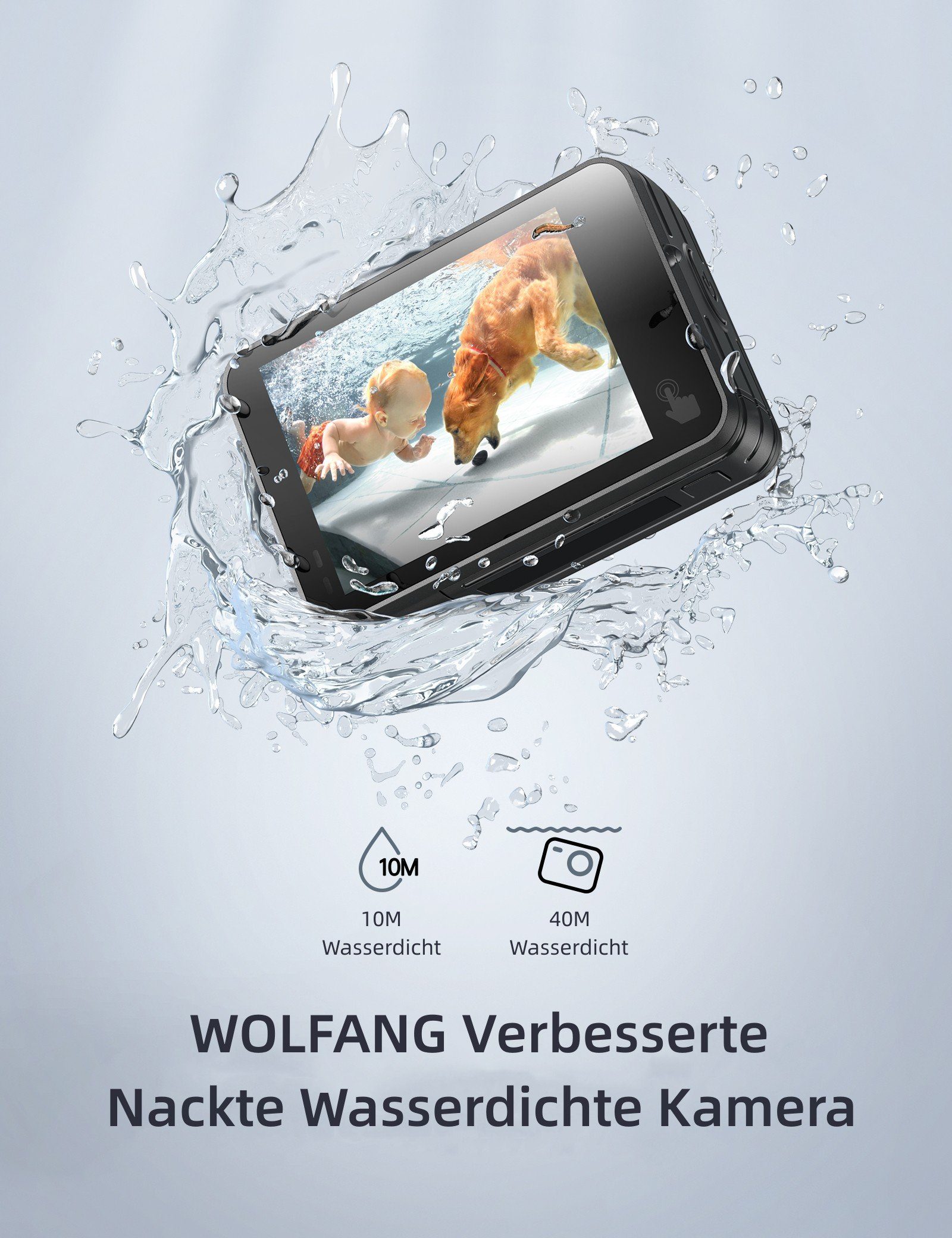WOLFANG Action Cam (FULL HD, 4K 60FPS 24MP, Touch-Screen, 3.0 EIS, Blankes Metall Wasserdicht)