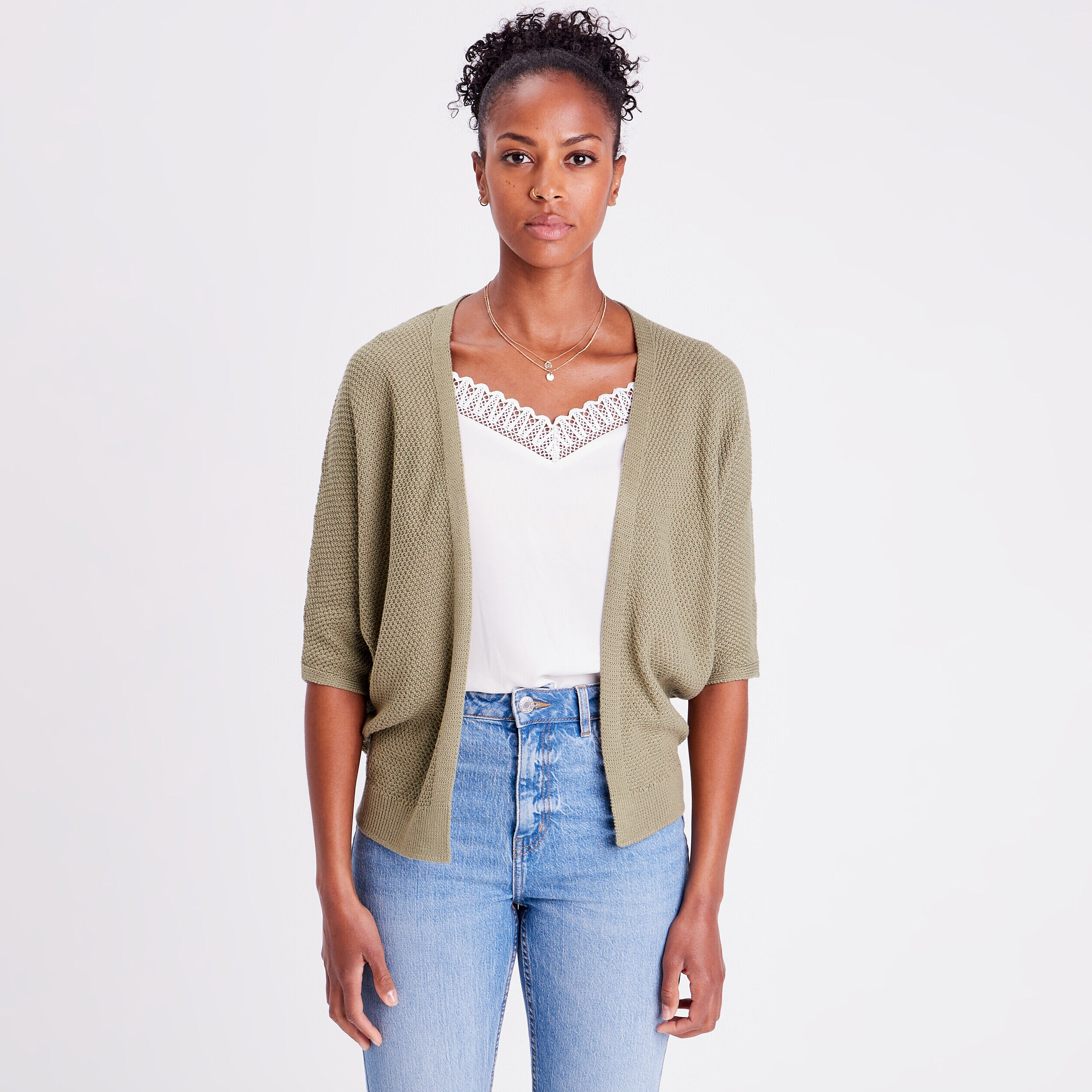Gilet manches 3/4 vert kaki femme | Cache Cache