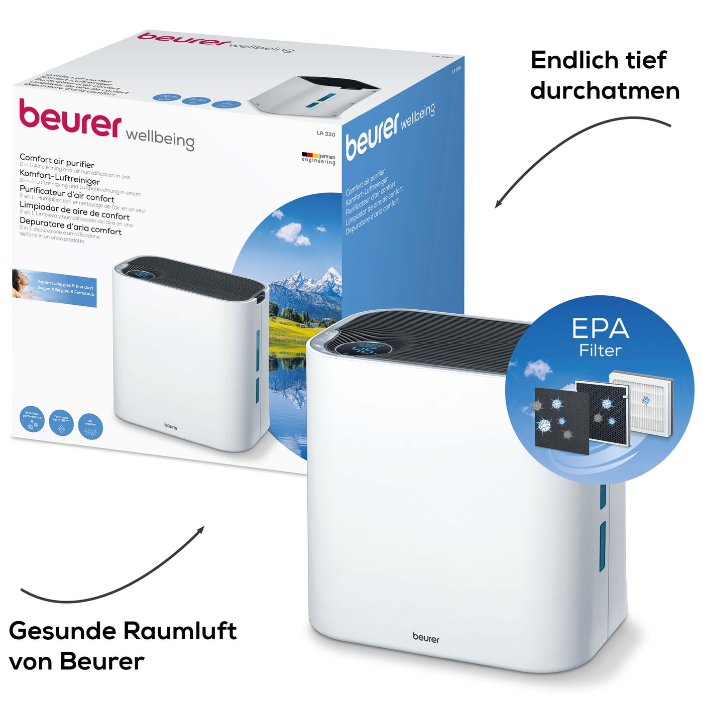 Beurer Komfort-Luftreiniger LR 330 2-in-1-Luftreiniger mit dreischichtigem Filtersystem & Luftbefeuchtung bis 35 m²