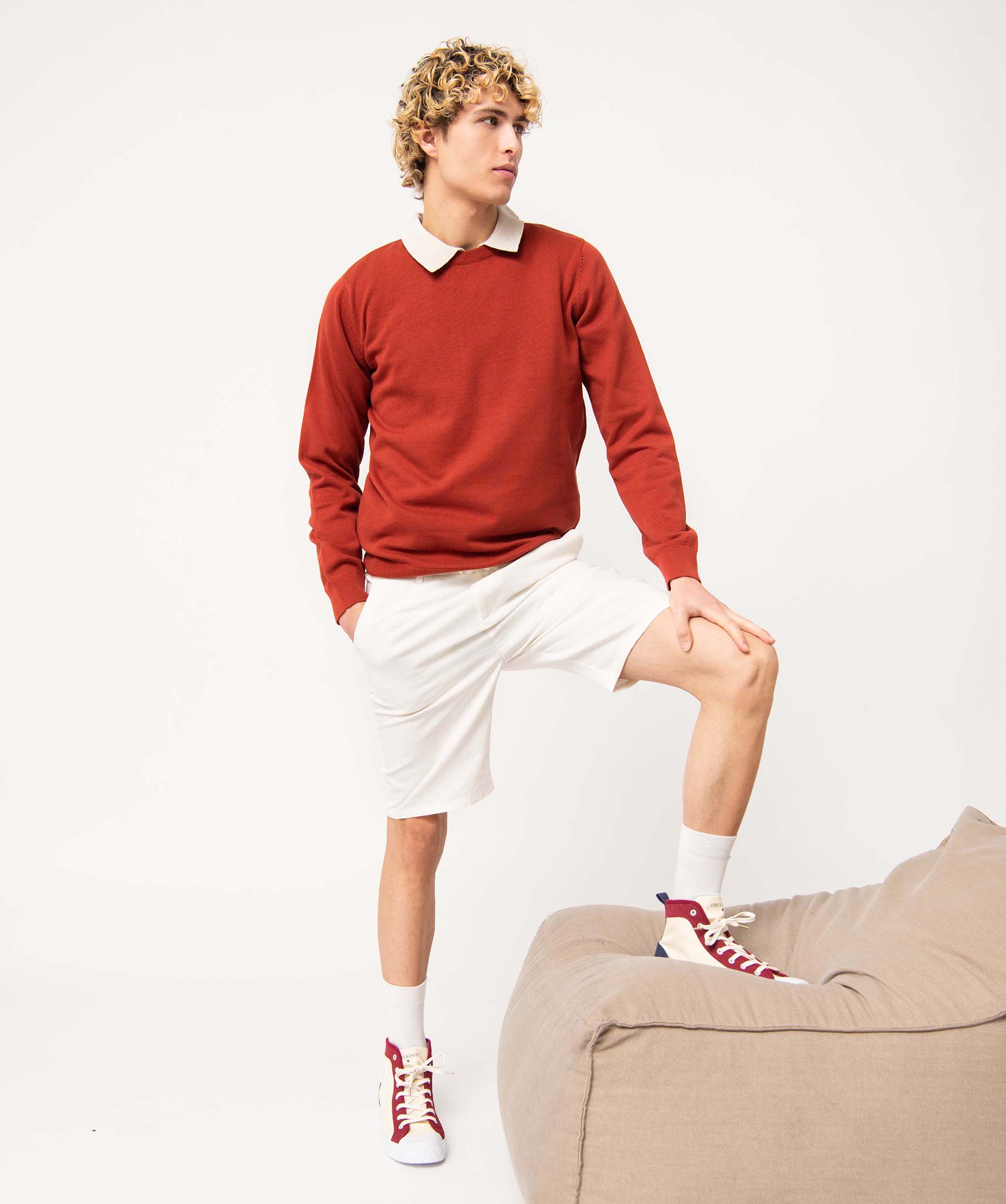 Pull homme à col rond en coton rouge | GEMO