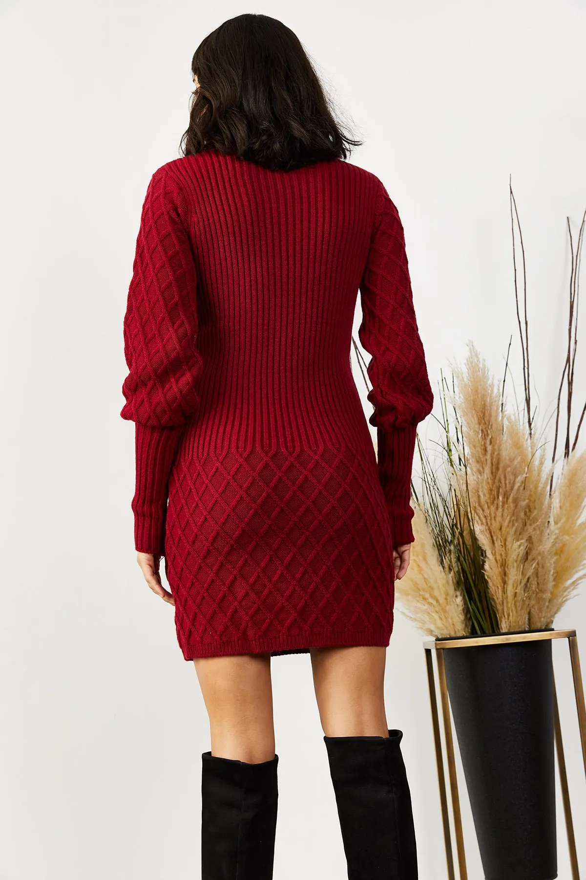 Olalook  Burgunderrotes Strickkleid mit Ärmeln und Rock für Damen ELB-19001302
