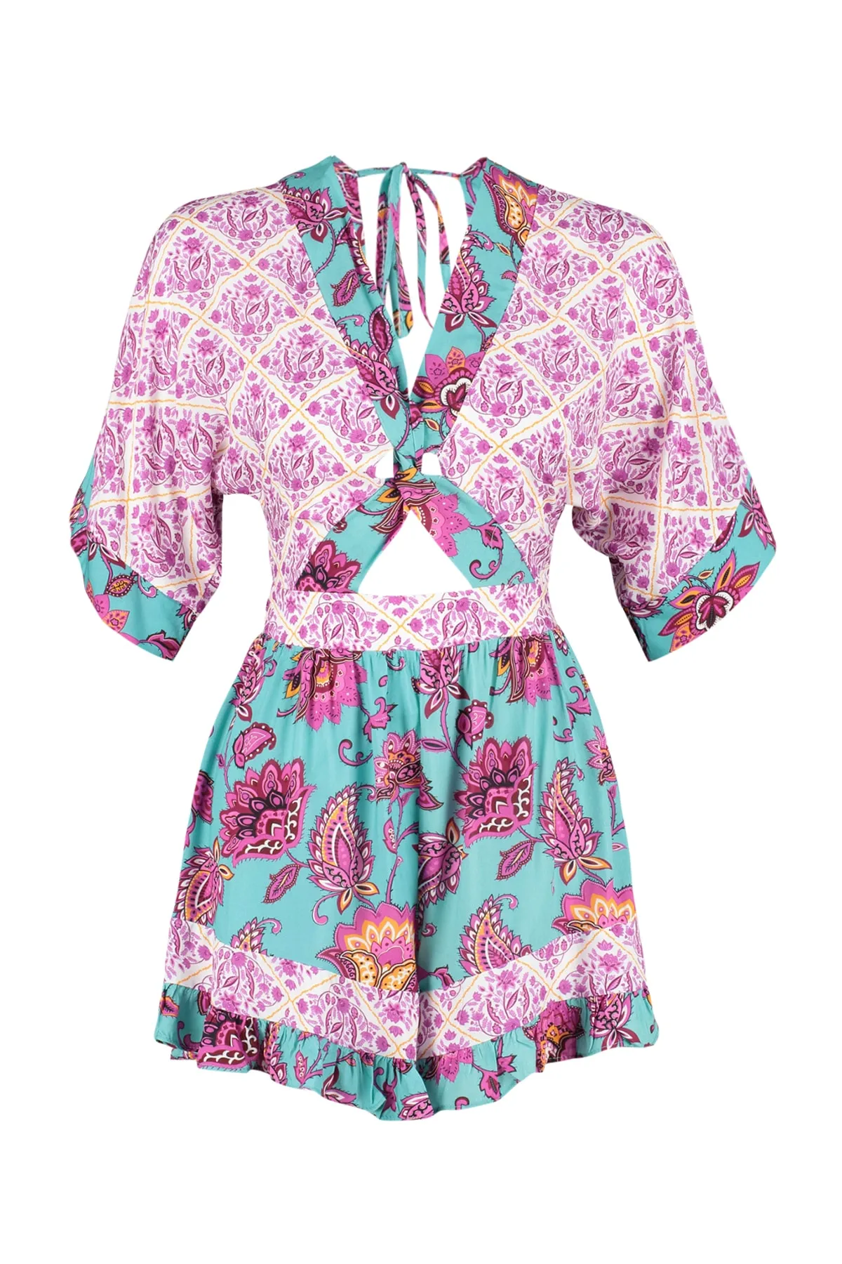 Trendyol Collection  Blumengemusterter, gewebter Overall mit Ausschnitten/Fenstern TBESS23EL00017