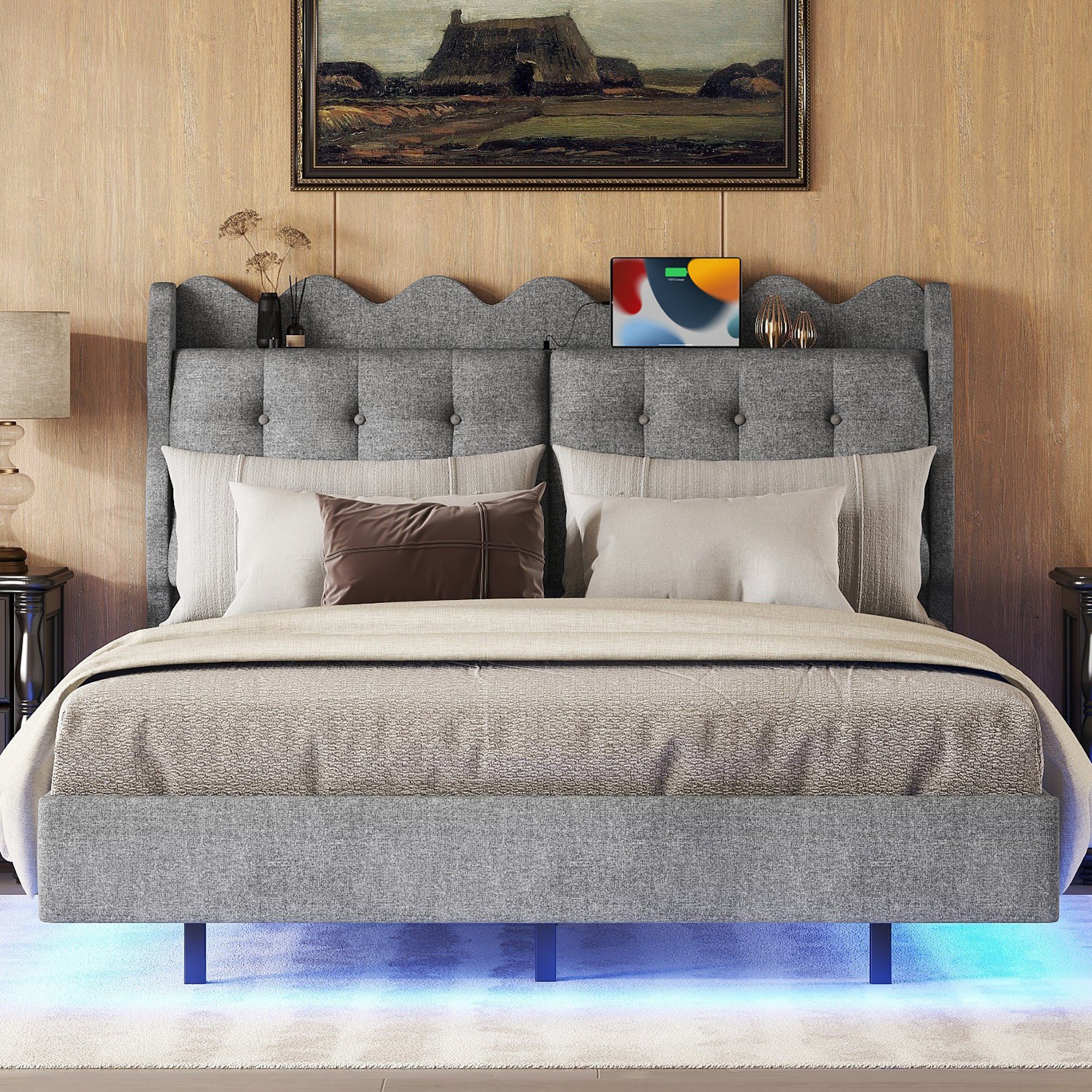 Flieks Polsterbett, LED Doppelbett 140x200cm mit Stauraumfach und Ladeanschluss Leinen