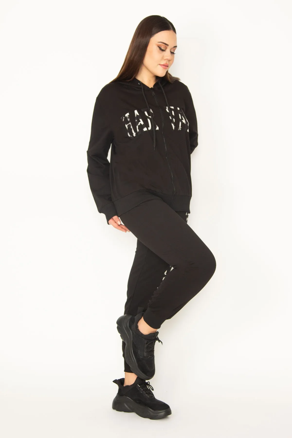 Şans  Damen-Trainingsanzug in großer Größe, schwarz, mit Kapuze, Reißverschluss vorne, detaillierte Sweatshirt-Hose, 65n31333