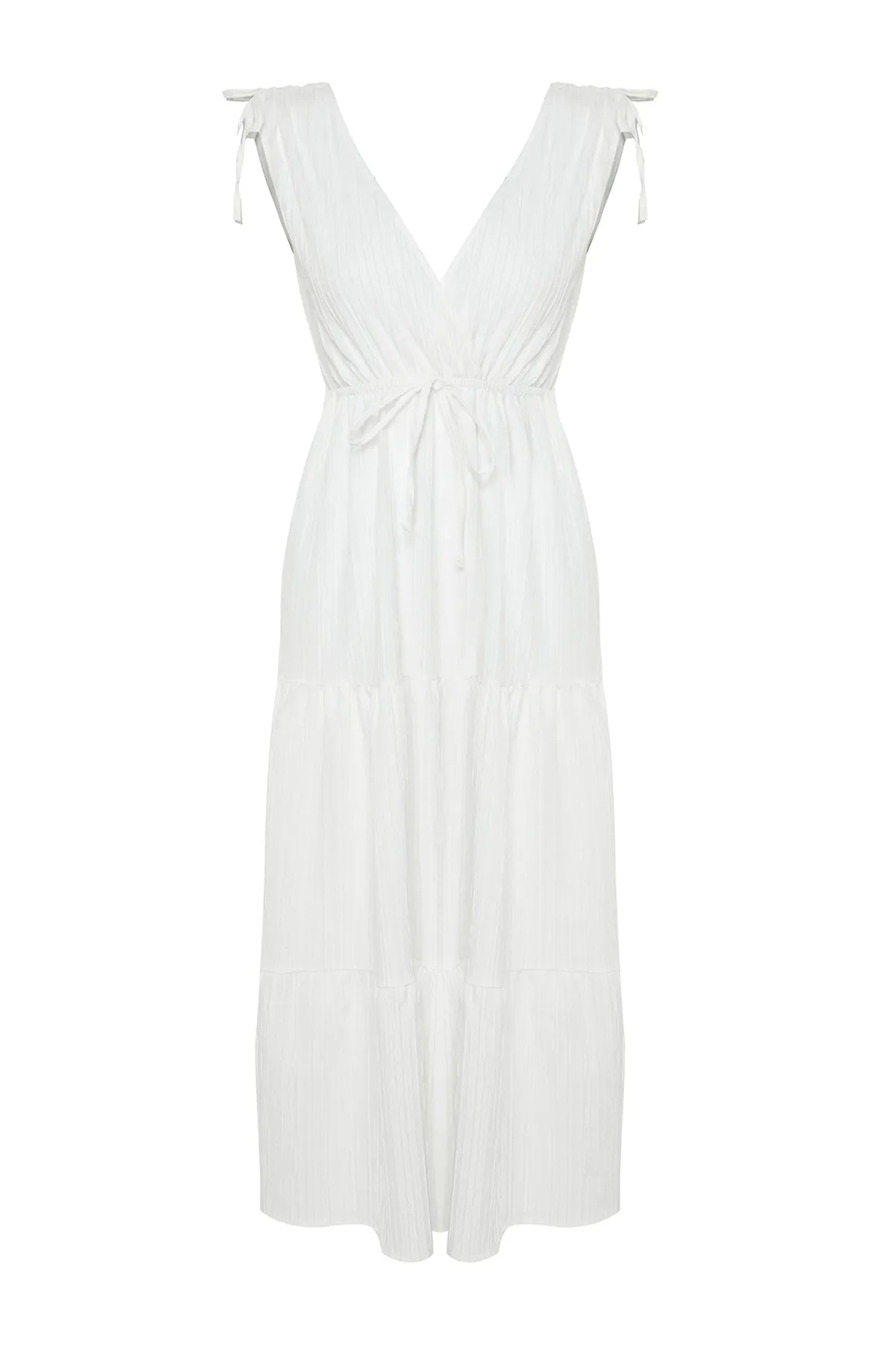 Trendyol Collection  Ecrufarbenes, gewebtes, gerafftes Maxi-Strandkleid TBESS24EL00089