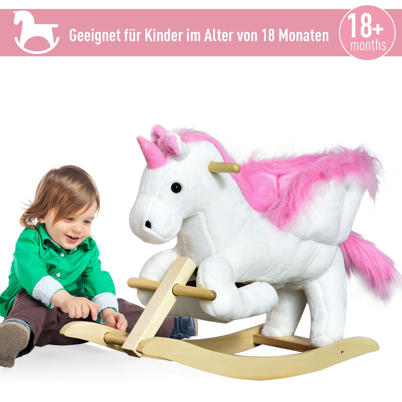 HOMCOM Schaukeltier Schaukelpferd Kinder Schaukel magisches Einhorn-Design mit Musik für Kinder für 18-36 Monate Baby Plüsch Holz Stahl Rosa Weiß 65 x 32 x 55 cm