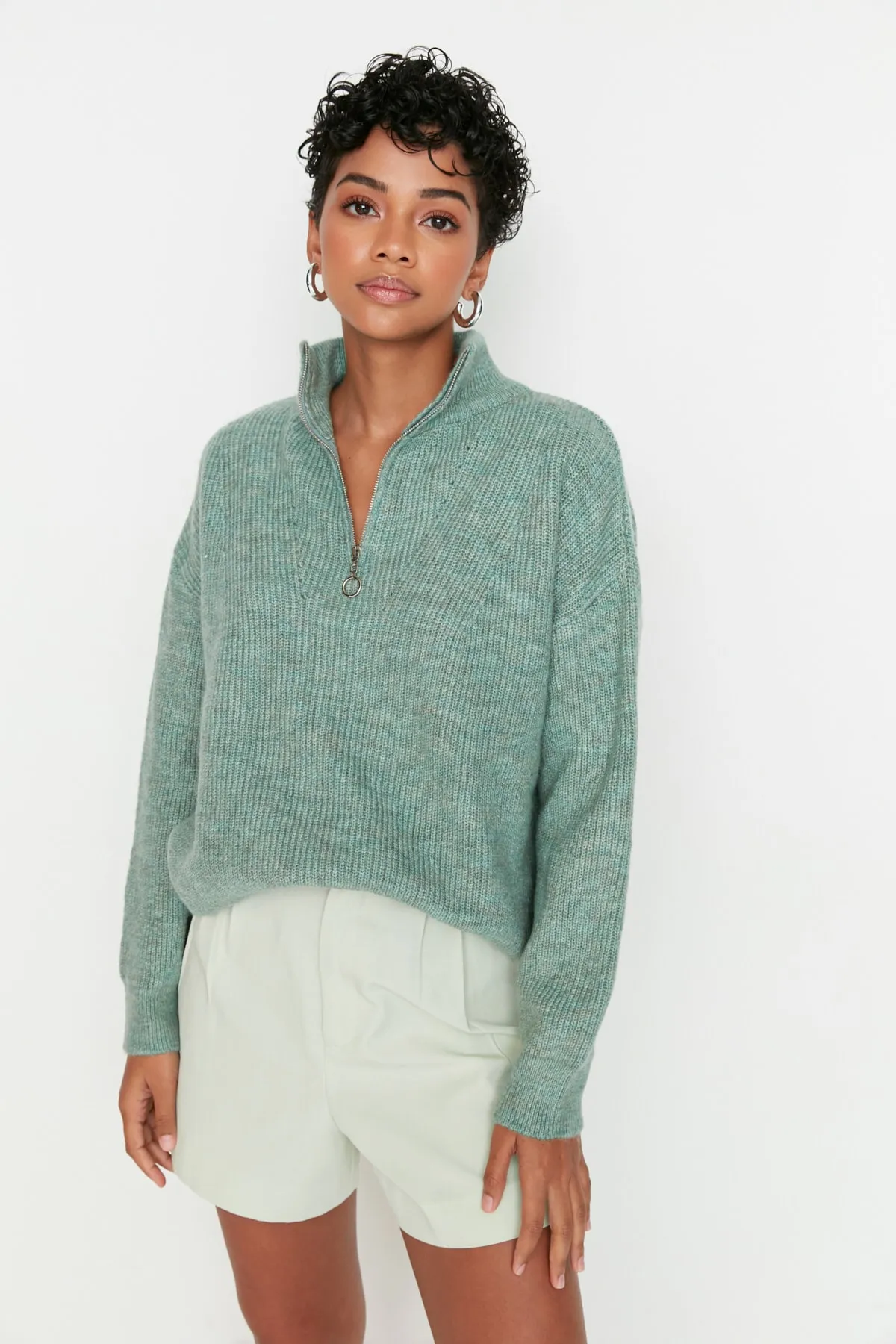 Trendyol Collection  Mintfarbener, weicher Strickpullover mit Reißverschluss TWOAW20XS0009