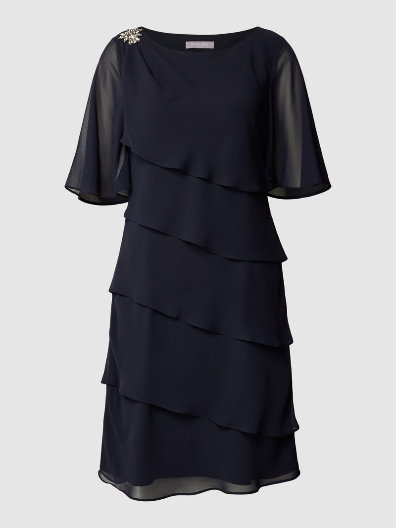 Knielanges Cocktailkleid mit Volants in marineblau meliert
