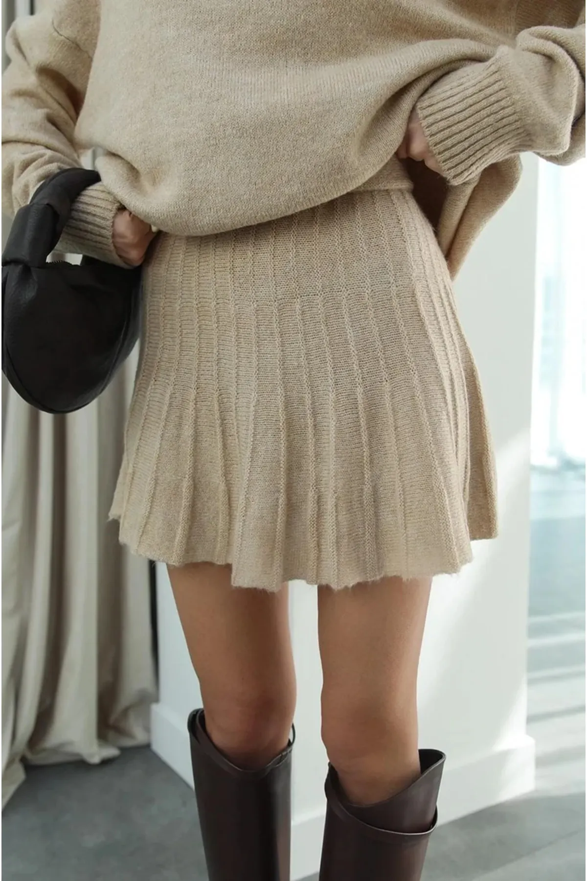 My Blog  Kamelfarbenes, plissiertes Strickrock-Pullover-Set mit hohem Bund für Damen