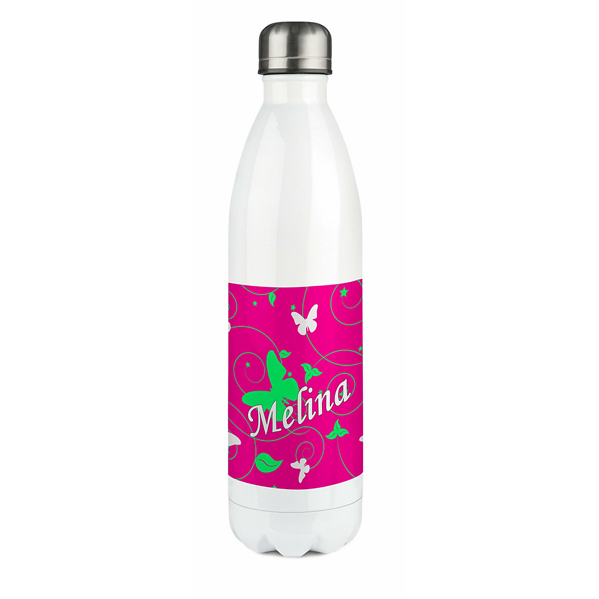 Edelstahl Kinder Thermoflasche / Trinkflasche bunt Schmetterling Ornamente Farbe pink apfelgrün Spülmaschinenfest, Auslaufsicher, Bruchfest, Doppelwandig, Für Heißgetränke geeignet, Mit Deckel, I