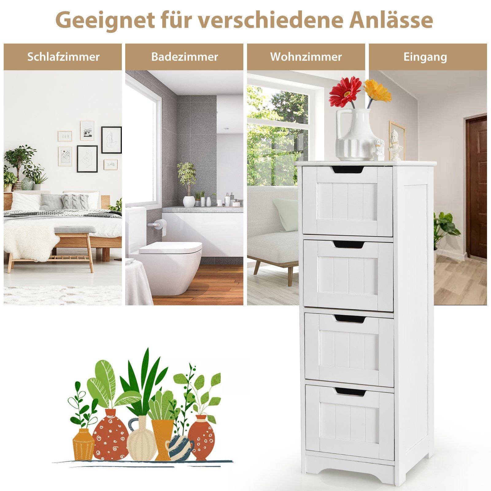 COSTWAY Badkommode, Badezimmerschrank mit 4 Schubladen, 30 x 30 x 83 cm, Weiß