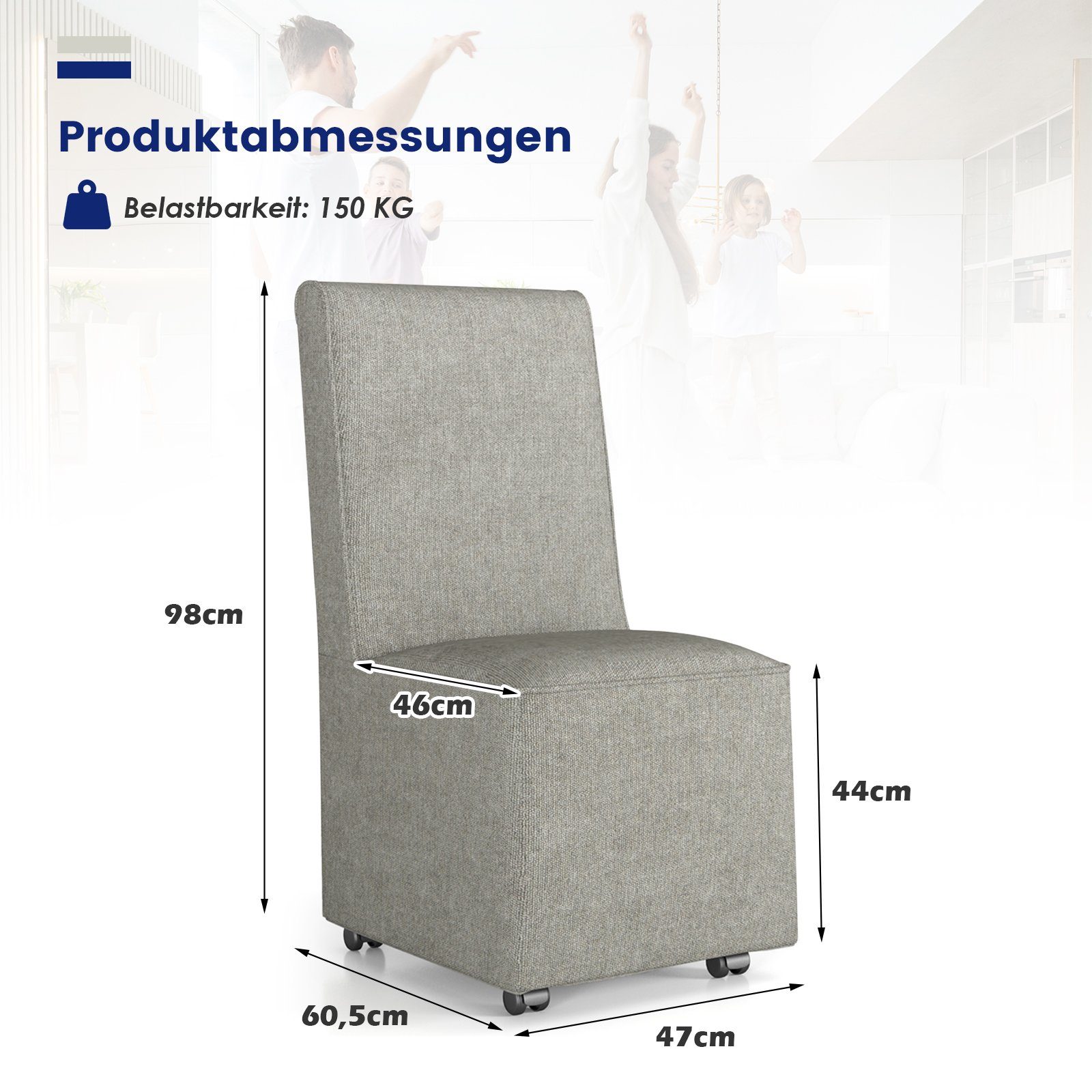 COSTWAY Polsterstuhl, mit Rollen & abnehmbarem Bezug, 47x60,5x98cm, grau
