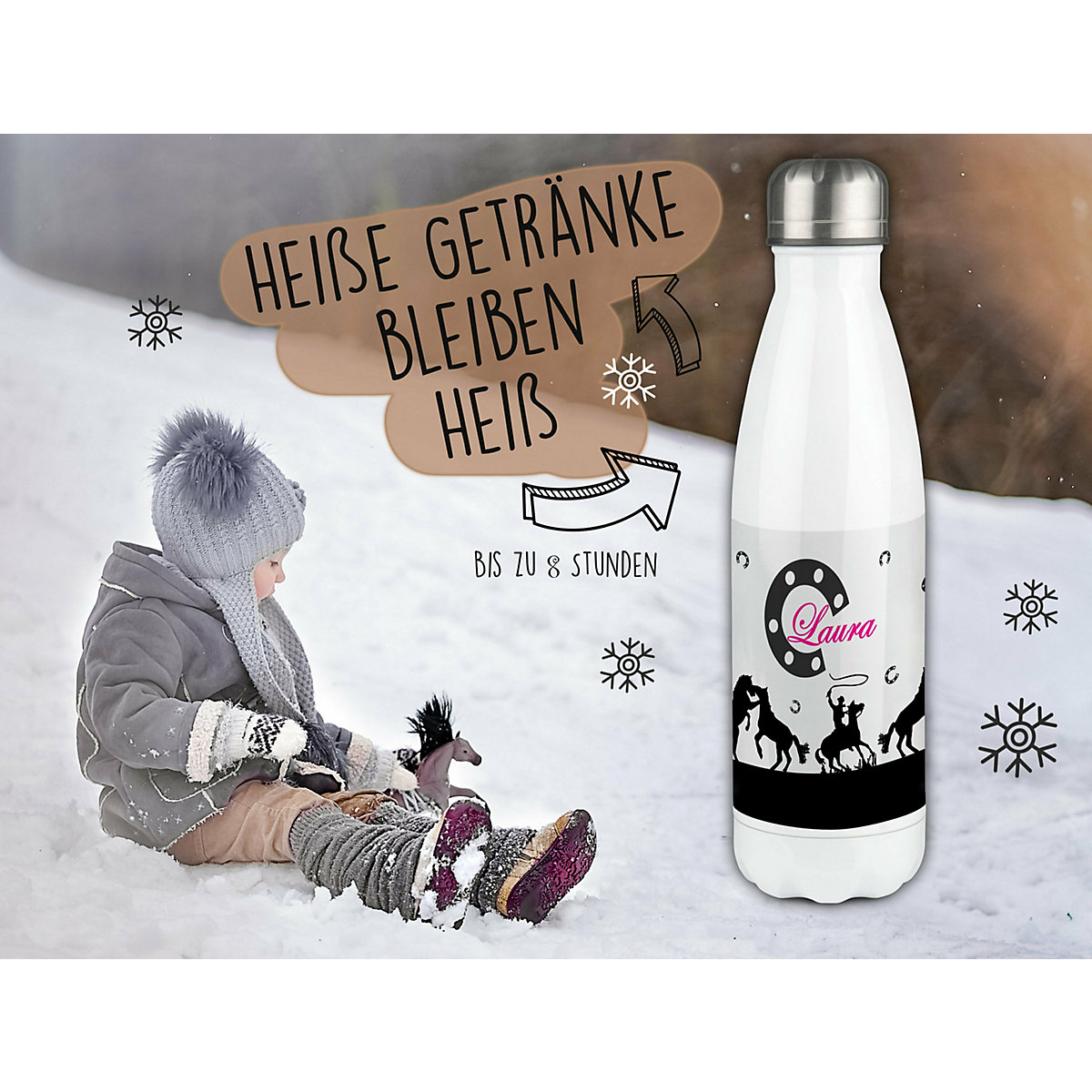 Edelstahl Kinder Thermoflasche / Trinkflasche bunt Pferd-Cowboy schwarz Spülmaschinenfest, Auslaufsicher, Bruchfest, Doppelwandig, Für Heißgetränke geeignet, Mit Deckel, Isoliert